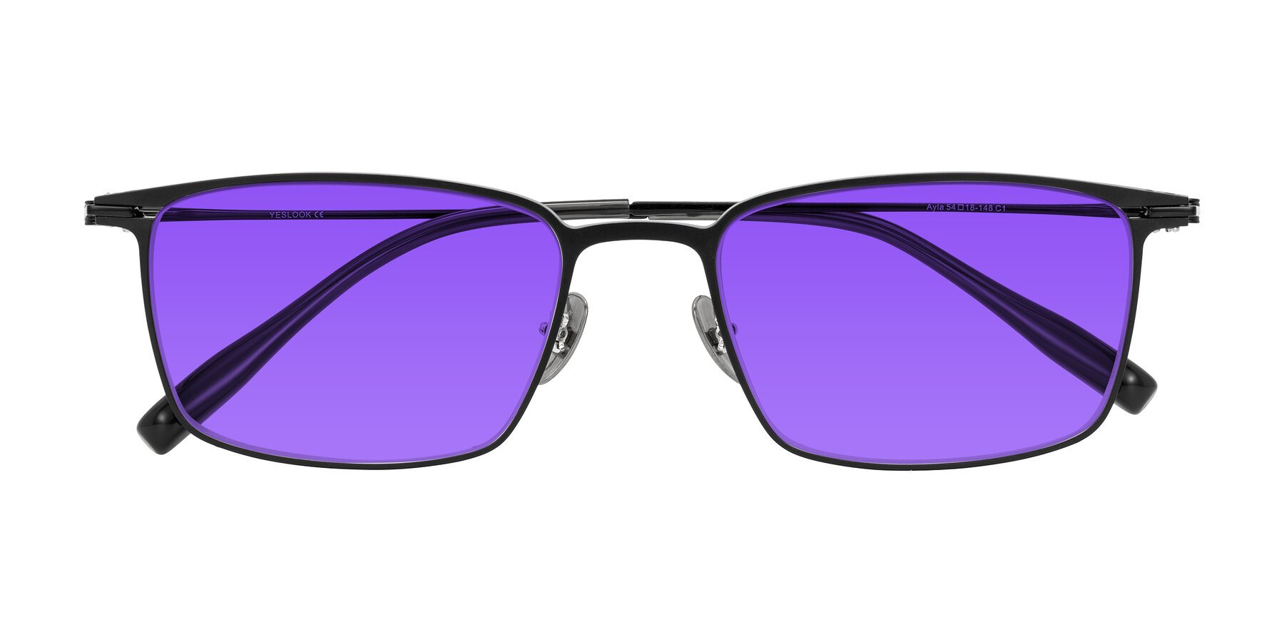 Folded Front of Ayla in Black with Purple Tinted Lenses