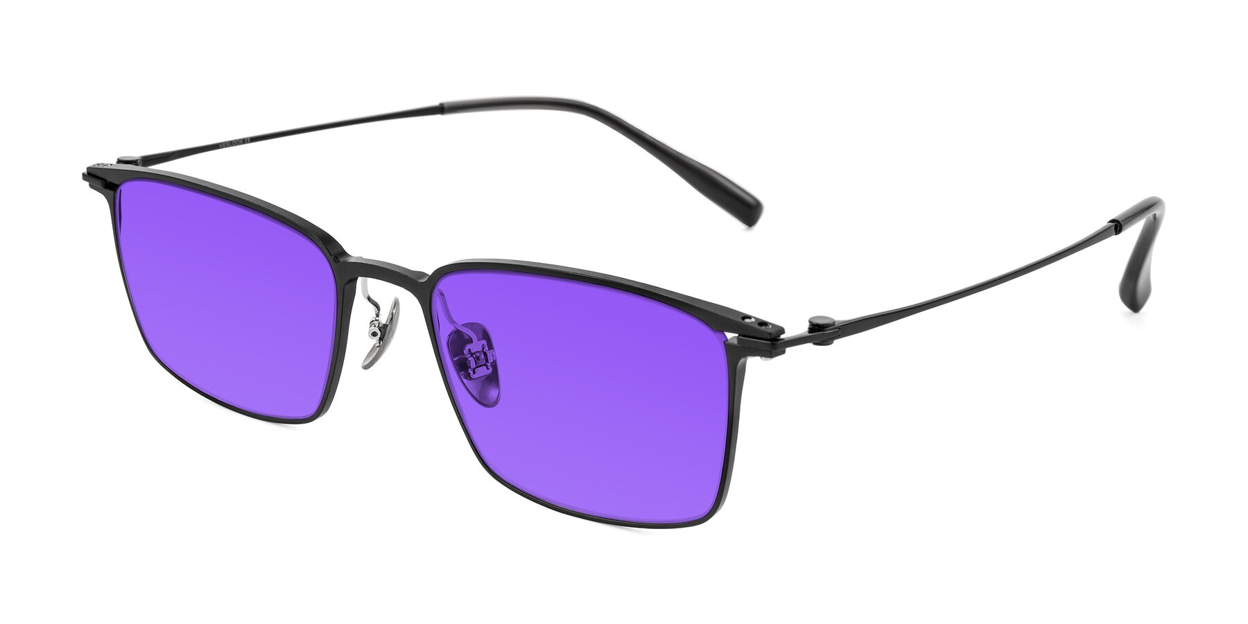 Angle of Ayla in Black with Purple Tinted Lenses