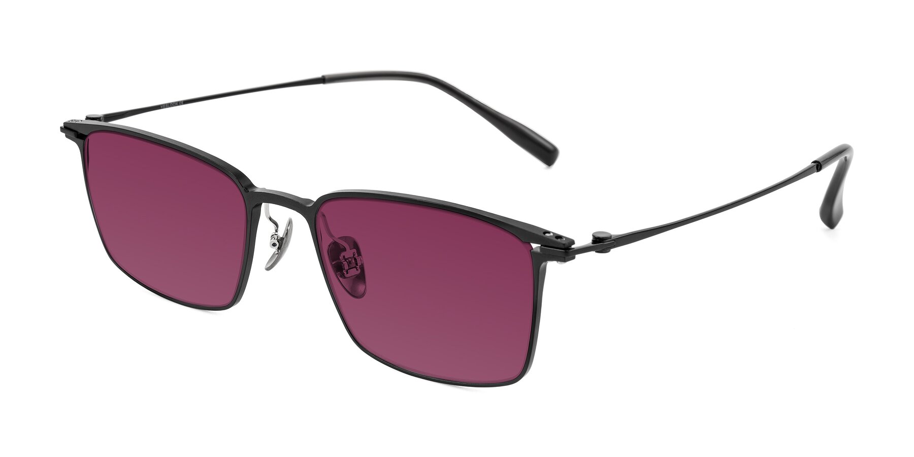 Angle of Ayla in Black with Wine Tinted Lenses