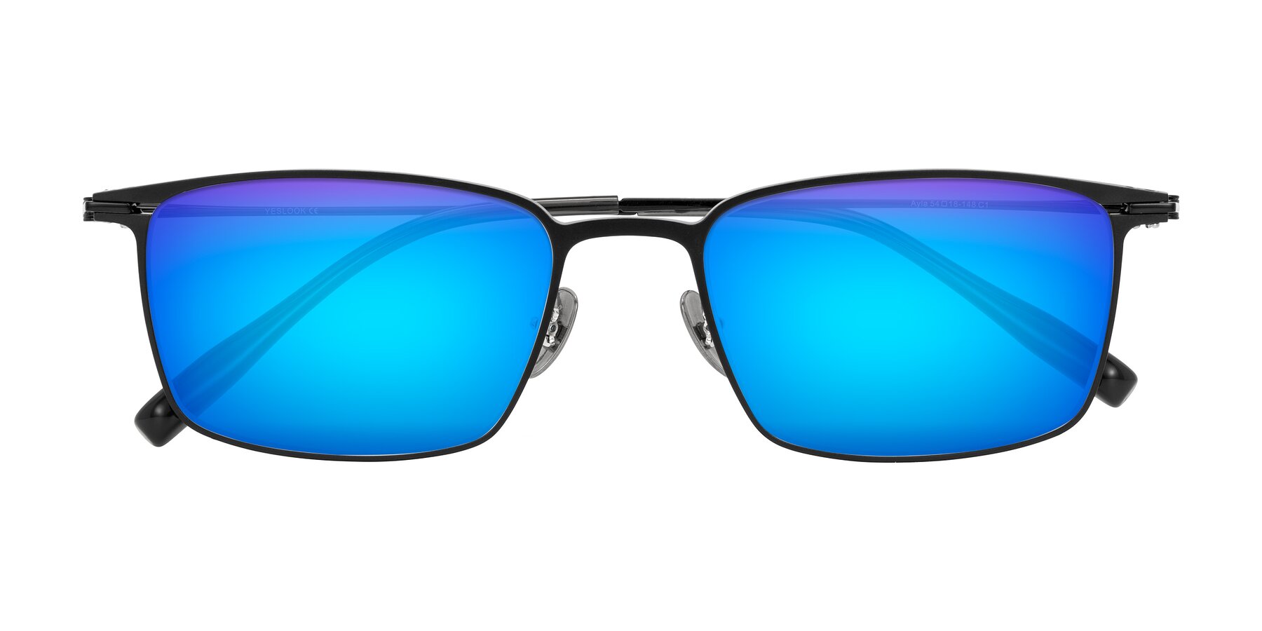 Folded Front of Ayla in Black with Blue Mirrored Lenses