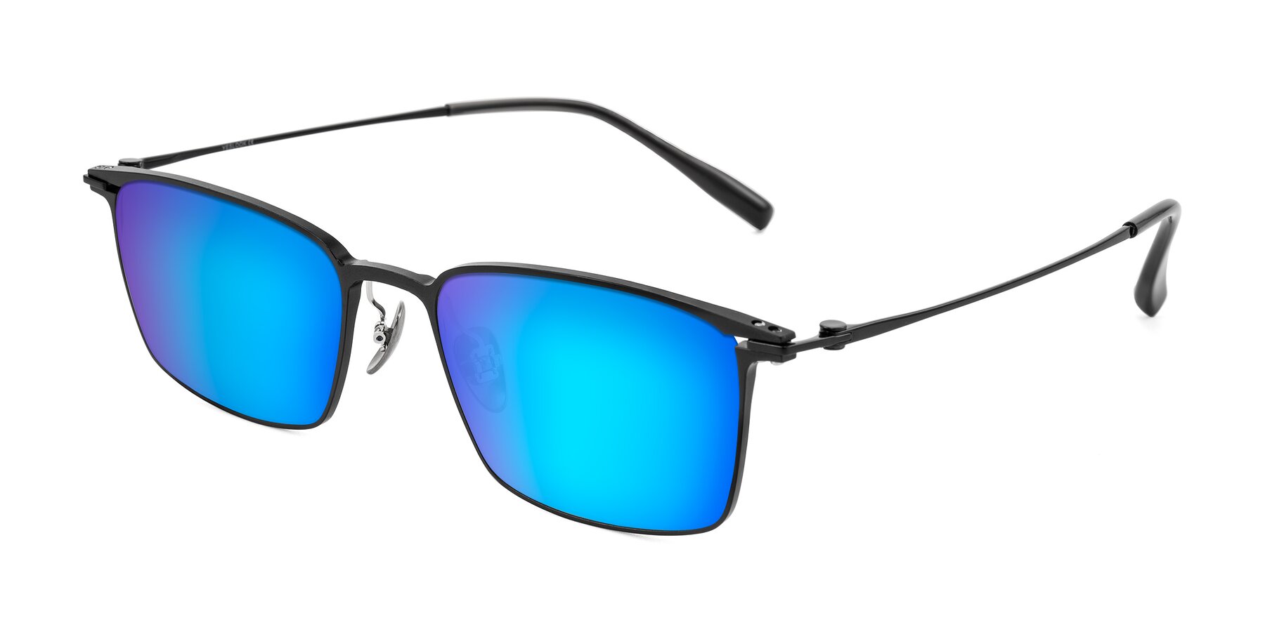 Angle of Ayla in Black with Blue Mirrored Lenses