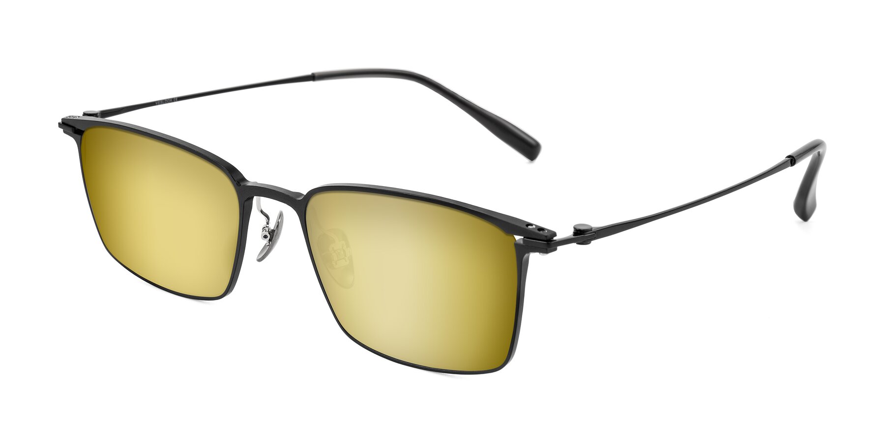 Angle of Ayla in Black with Gold Mirrored Lenses