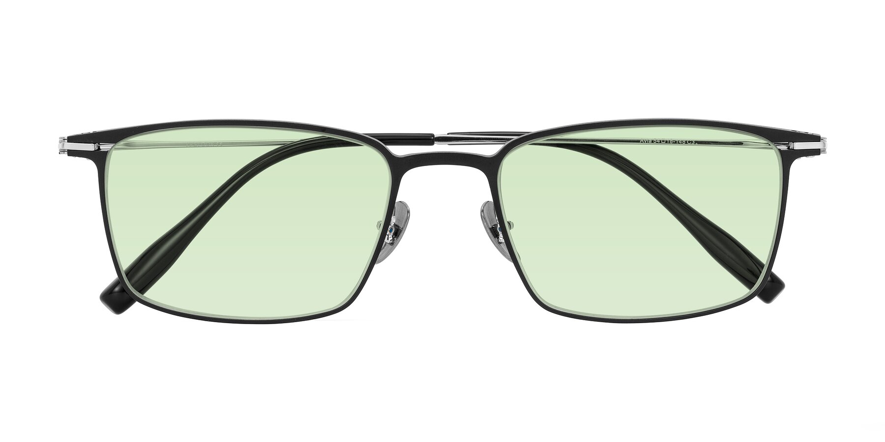 Folded Front of Ayla in Black/Silver with Light Green Tinted Lenses