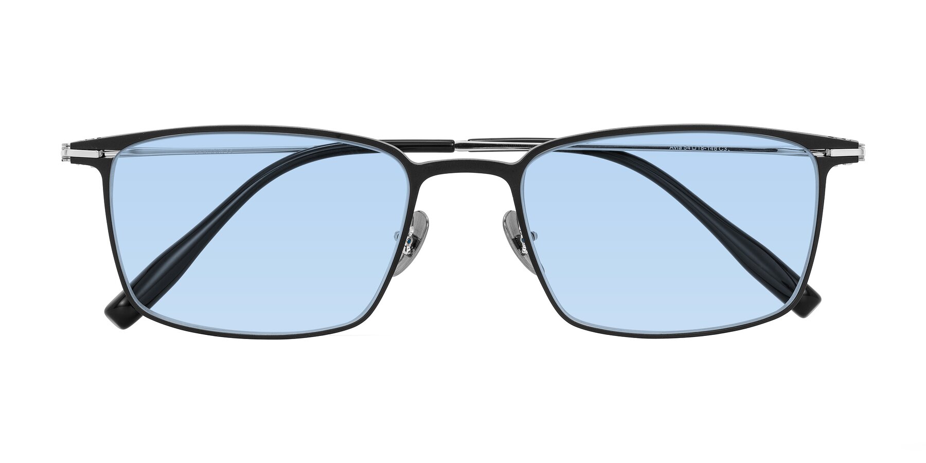 Folded Front of Ayla in Black/Silver with Light Blue Tinted Lenses