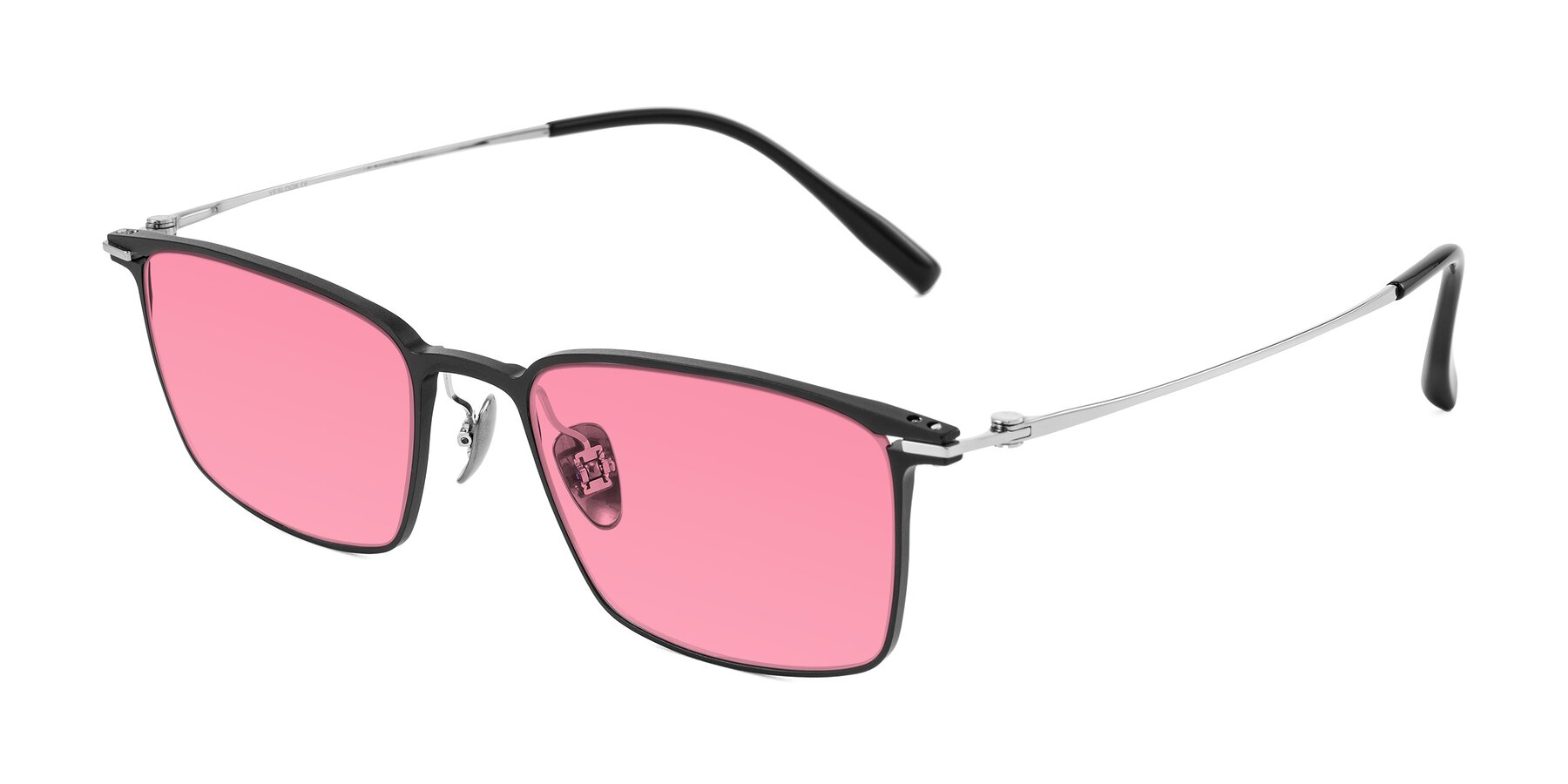 Angle of Ayla in Black/Silver with Pink Tinted Lenses