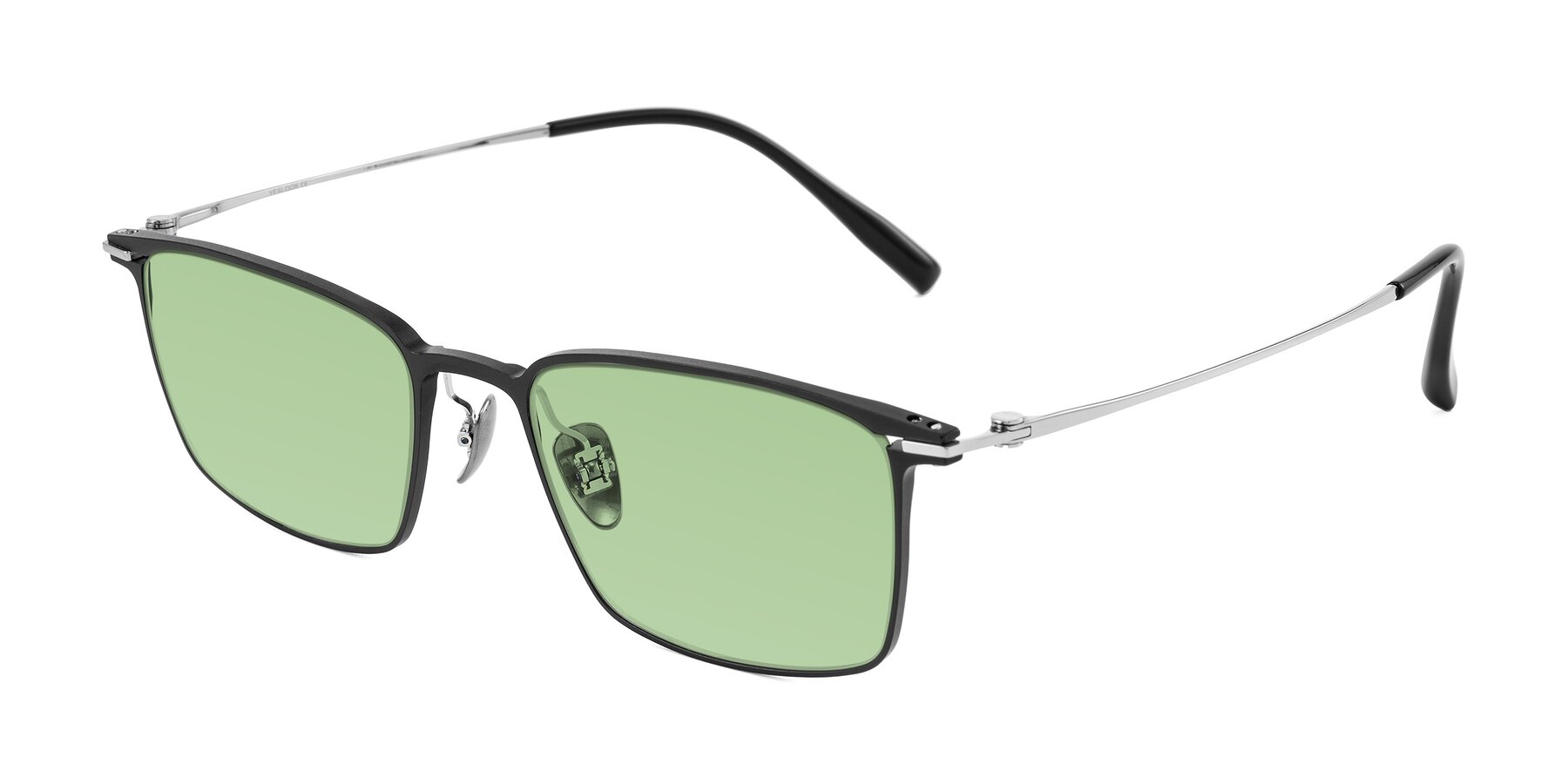 Angle of Ayla in Black/Silver with Medium Green Tinted Lenses