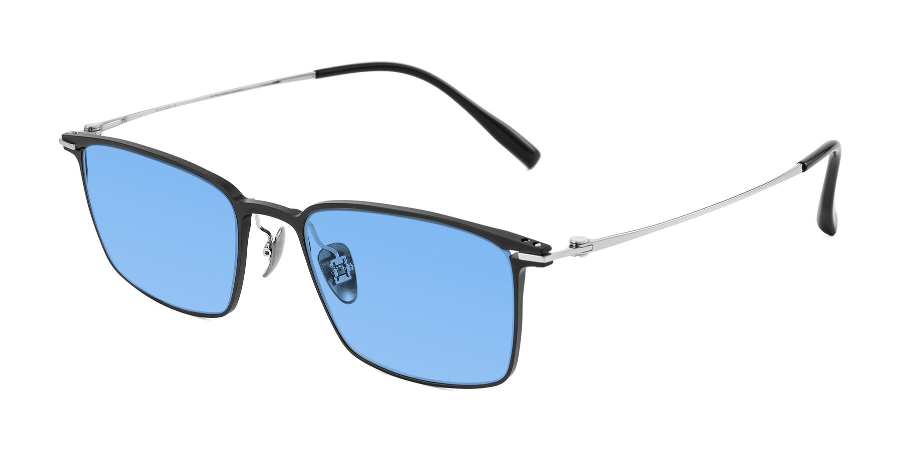 Angle of Ayla in Black/Silver with Medium Blue Tinted Lenses