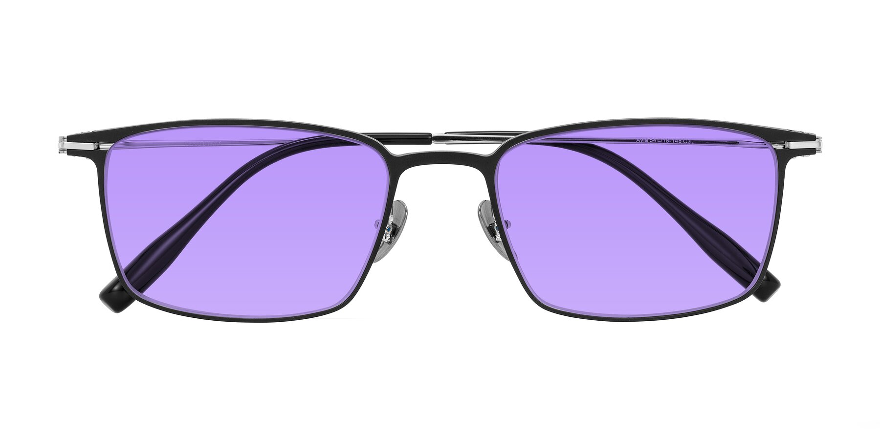 Folded Front of Ayla in Black/Silver with Medium Purple Tinted Lenses