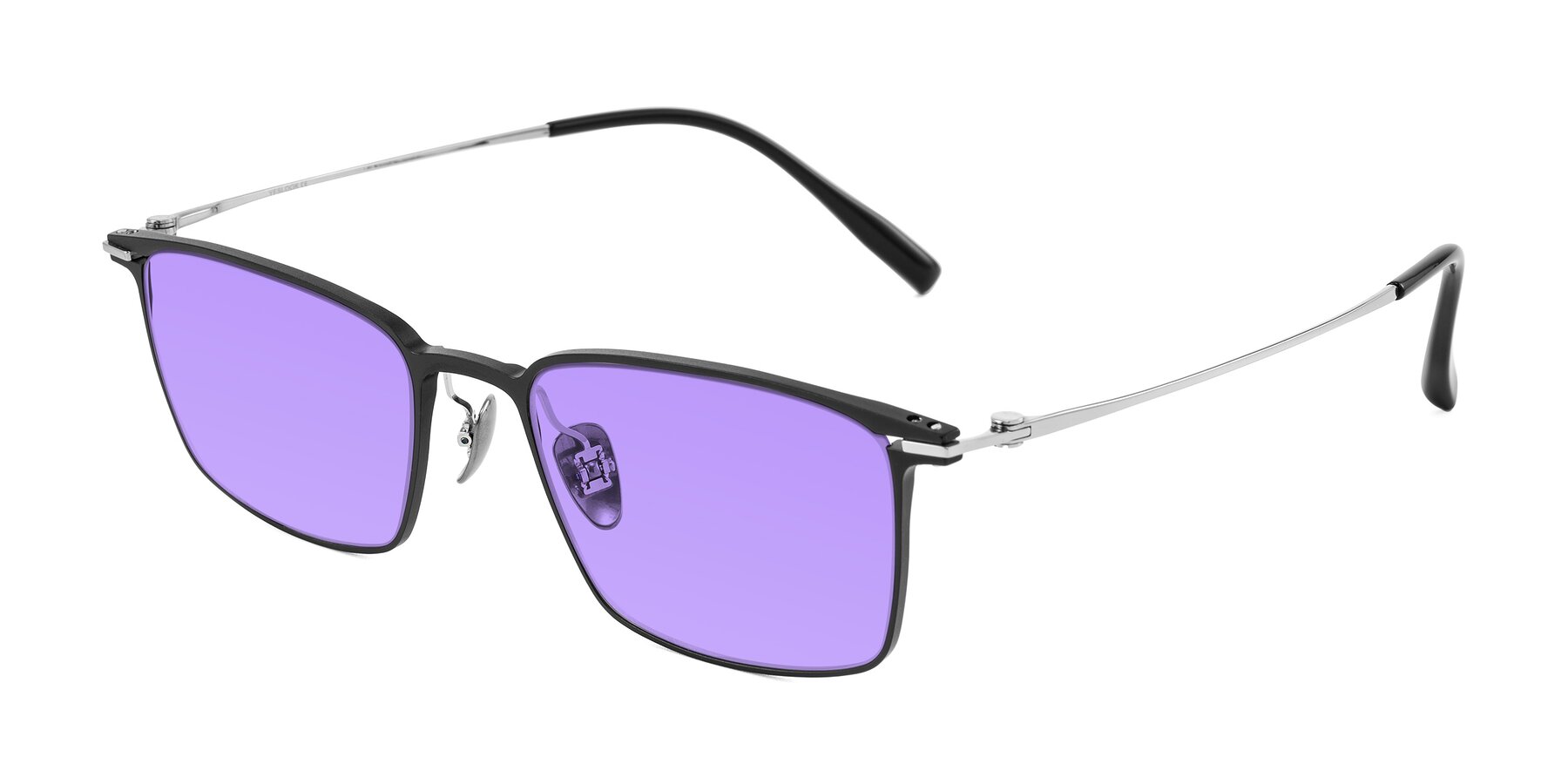 Angle of Ayla in Black/Silver with Medium Purple Tinted Lenses