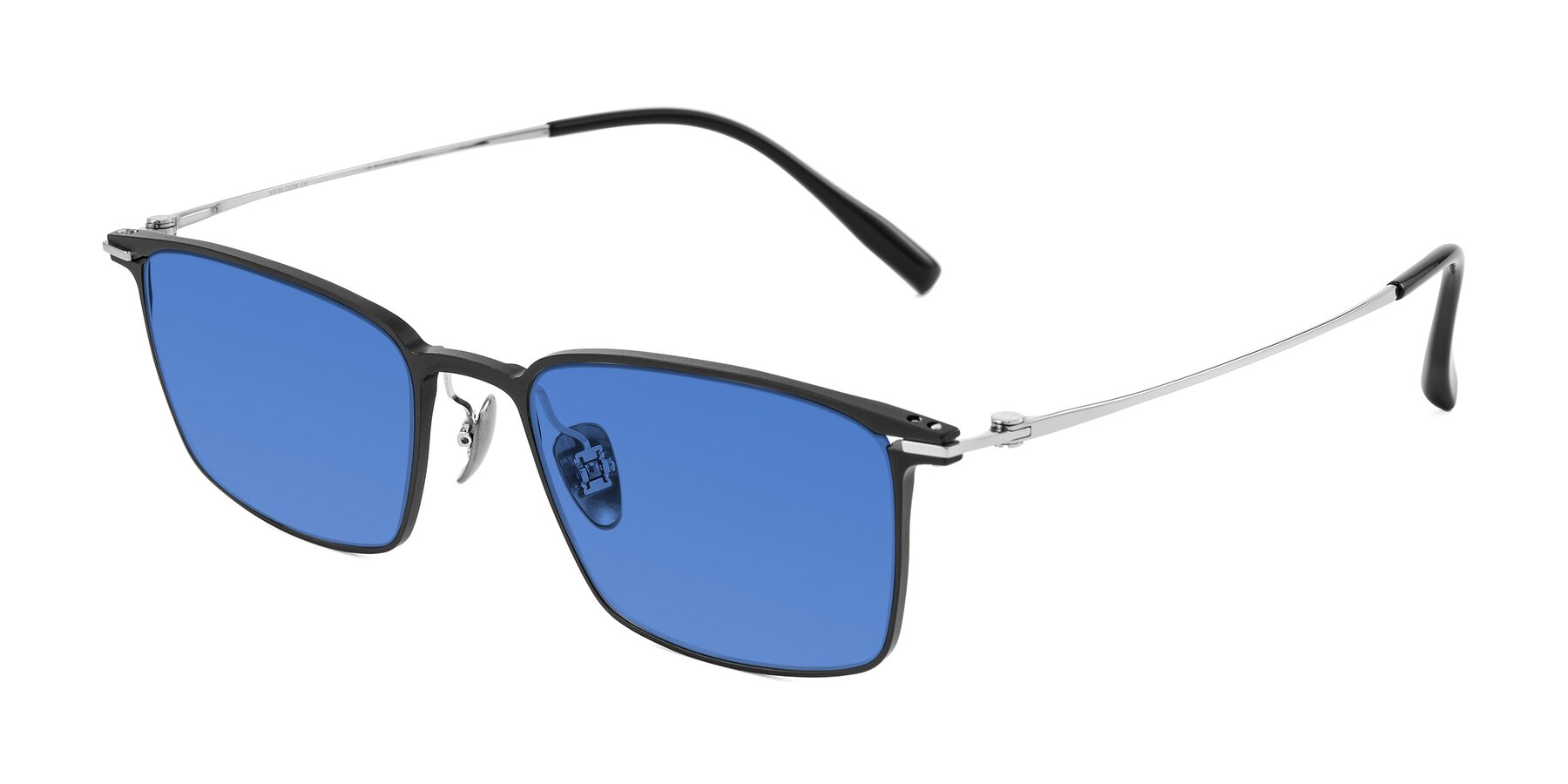 Angle of Ayla in Black/Silver with Blue Tinted Lenses