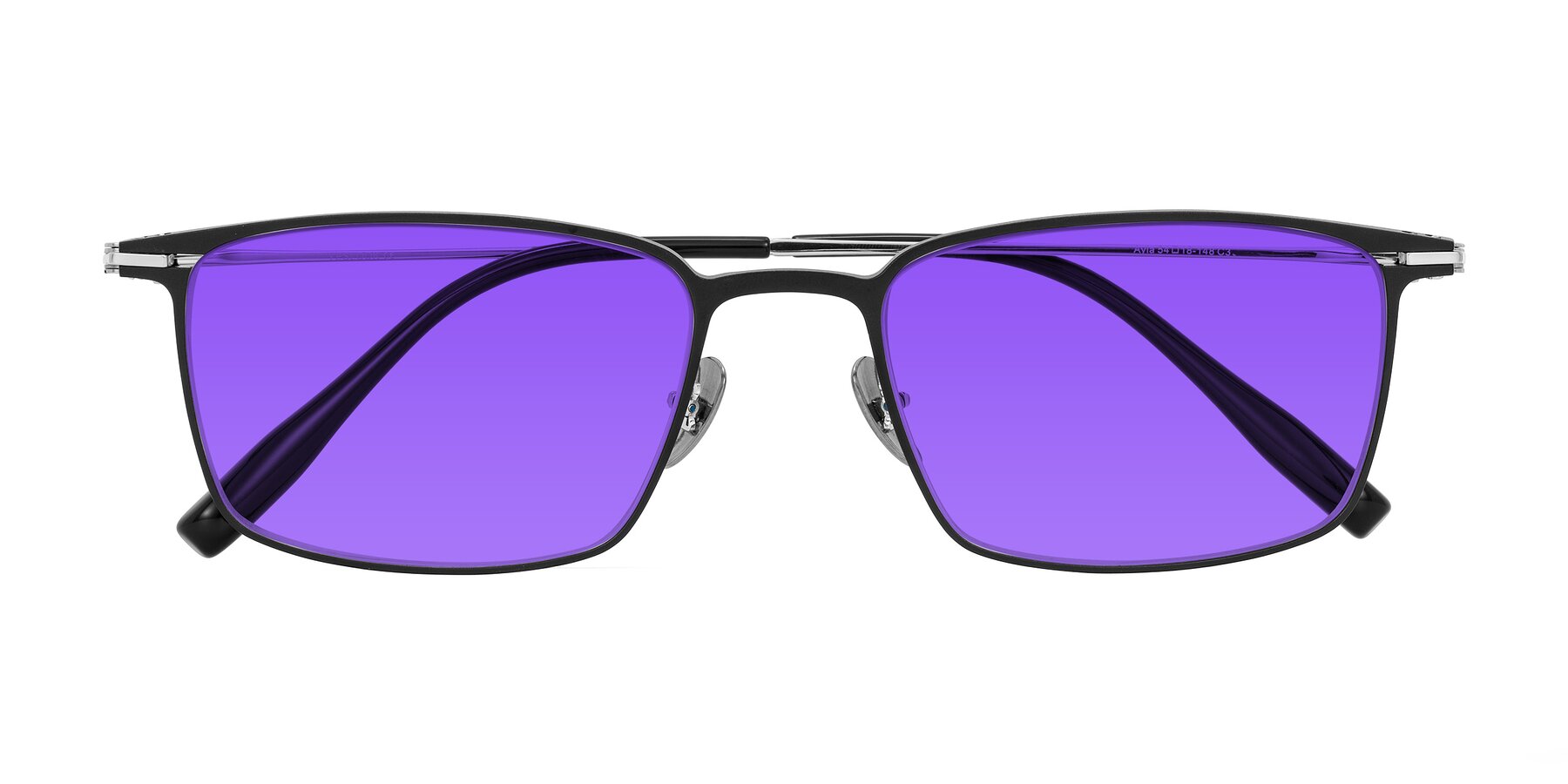 Folded Front of Ayla in Black/Silver with Purple Tinted Lenses