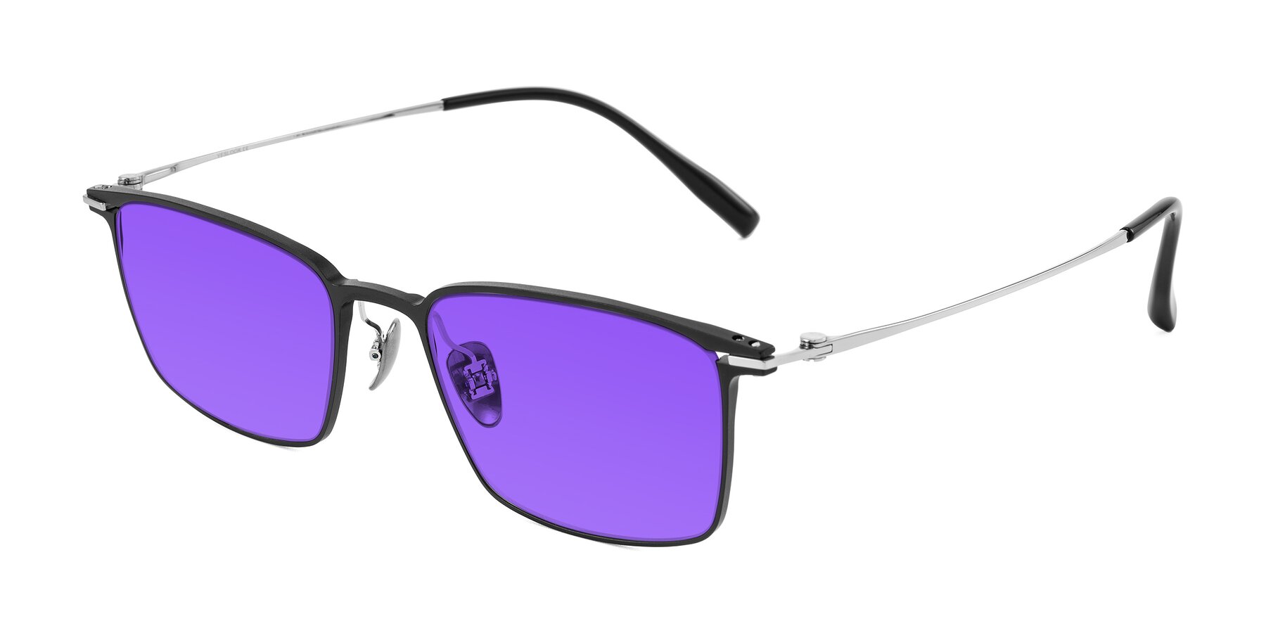 Angle of Ayla in Black/Silver with Purple Tinted Lenses