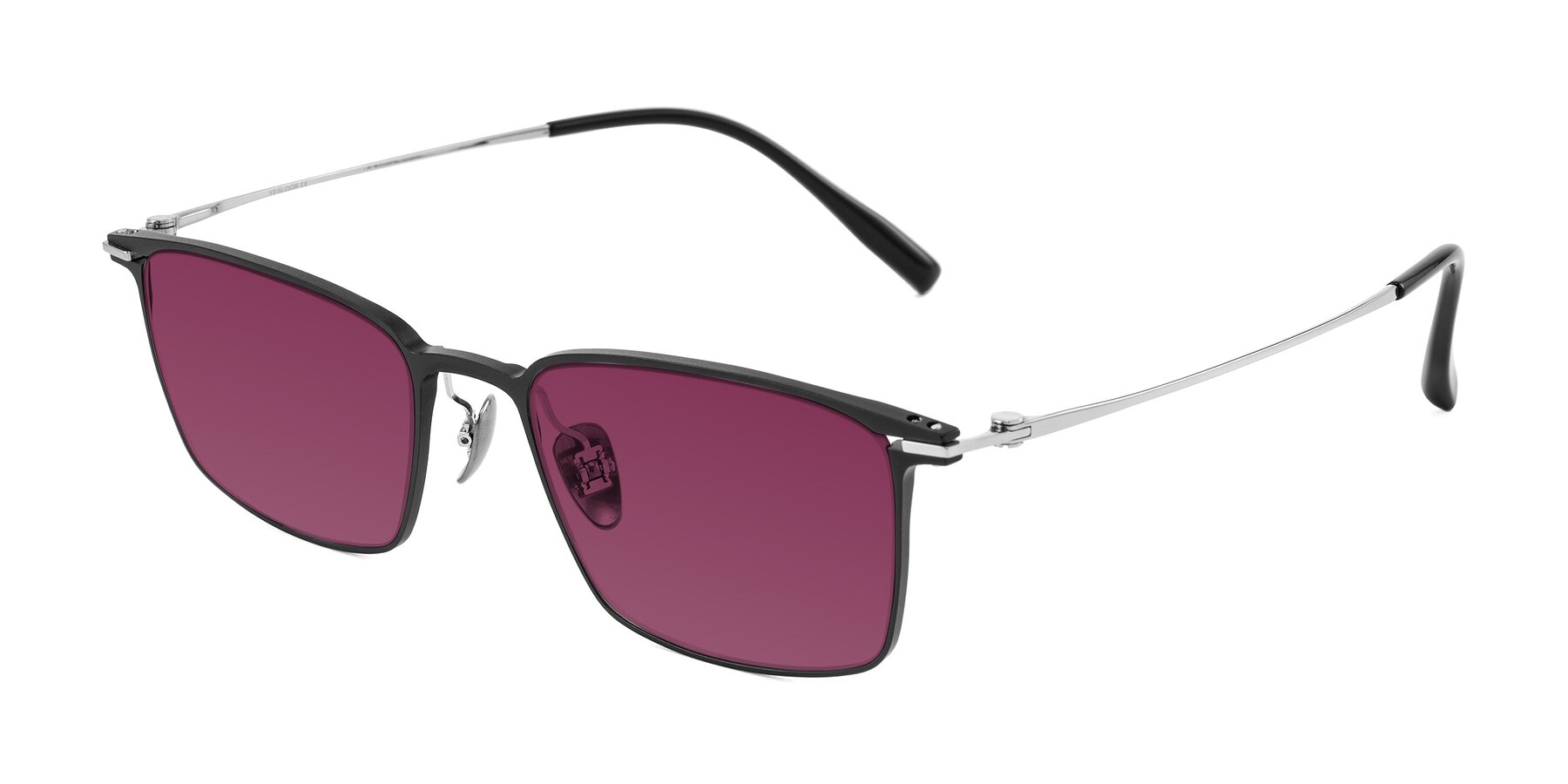 Angle of Ayla in Black/Silver with Wine Tinted Lenses