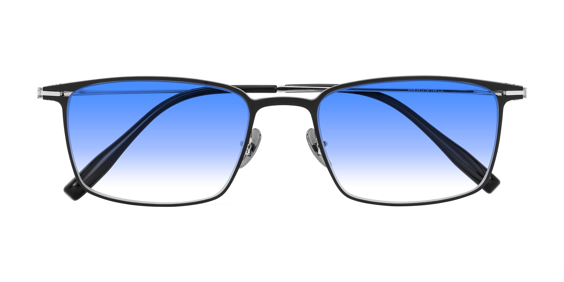 Folded Front of Ayla in Black/Silver with Blue Gradient Lenses