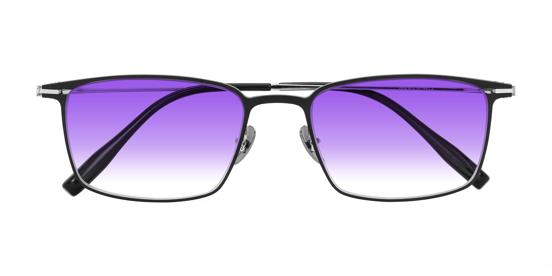 Folded Front of Ayla in Black/Silver with Purple Gradient Lenses