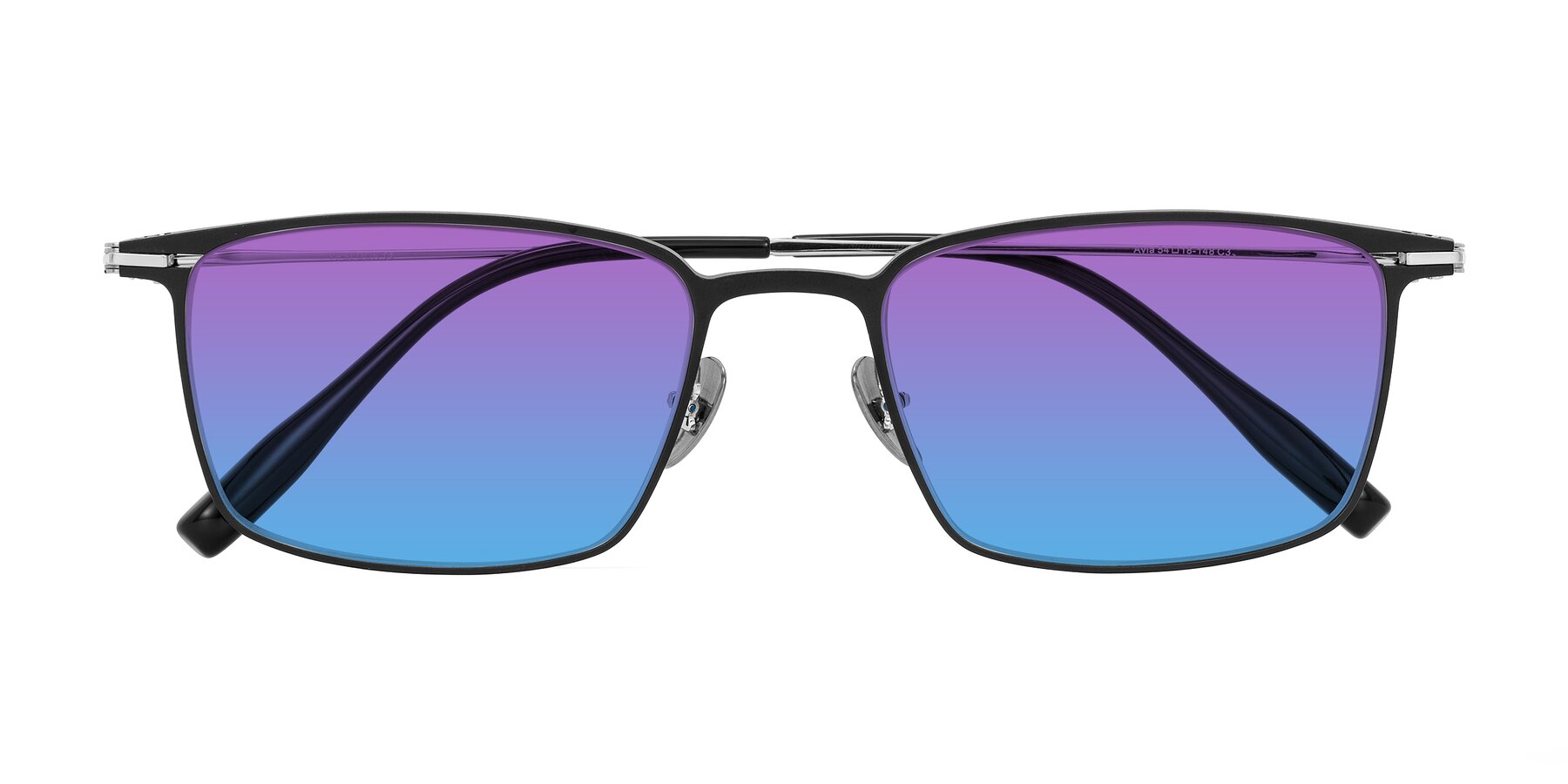 Folded Front of Ayla in Black/Silver with Purple / Blue Gradient Lenses