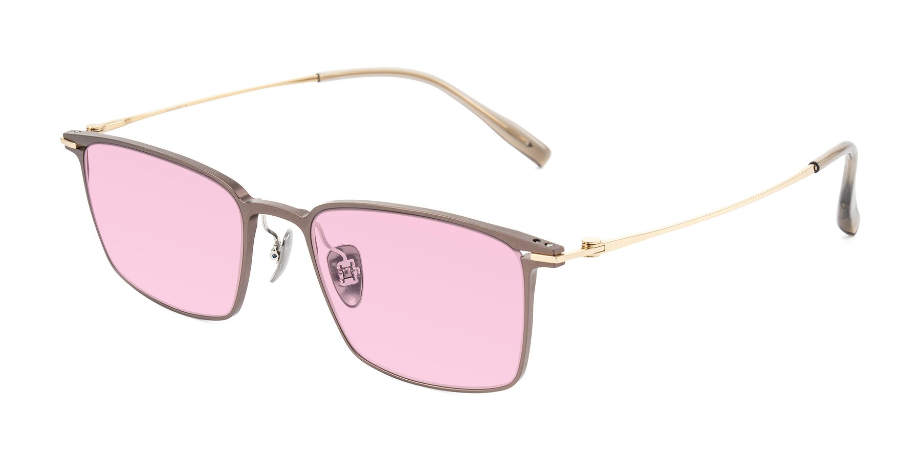 Angle of Ayla in Brown/Gold with Light Pink Tinted Lenses