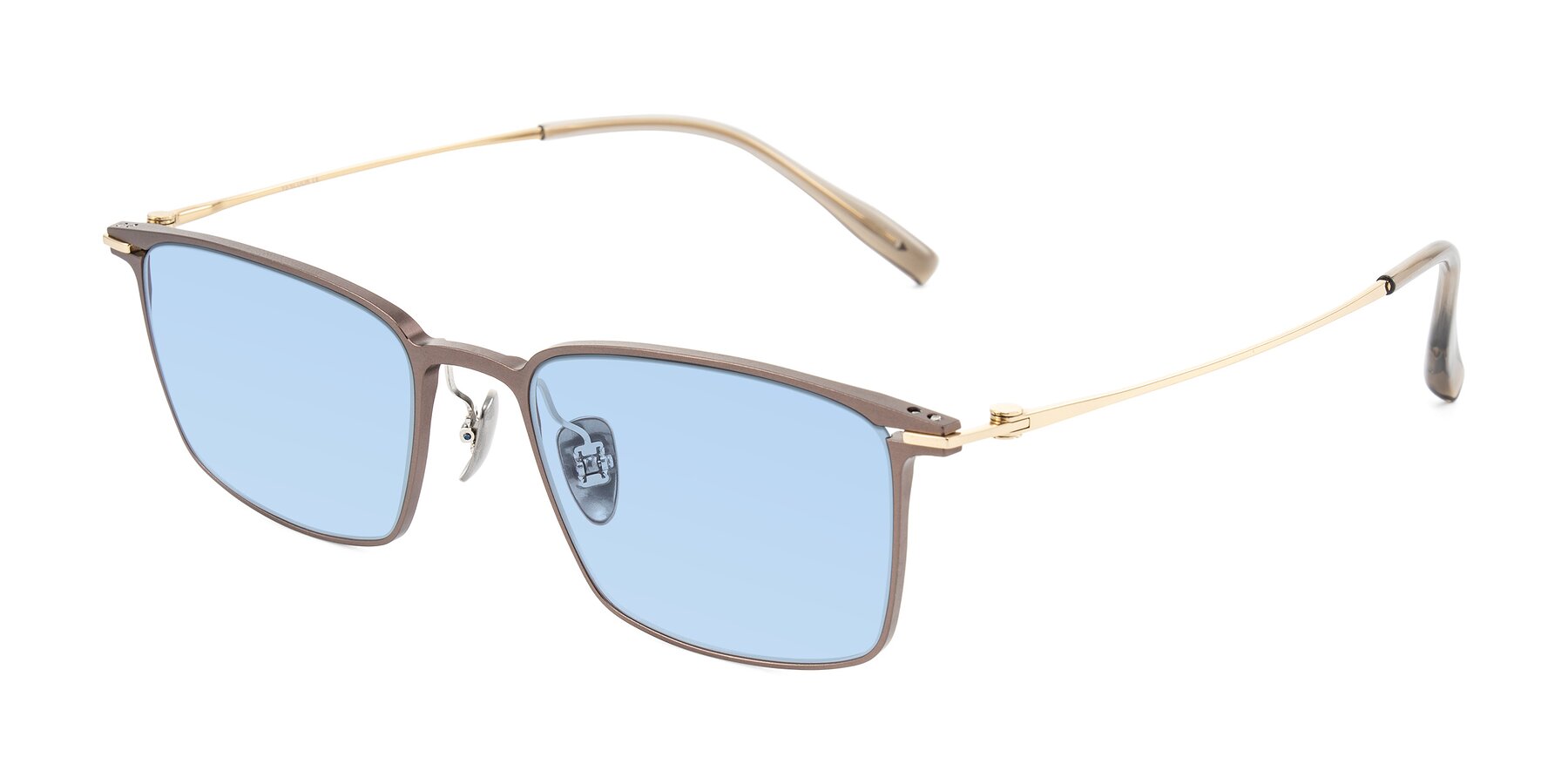 Angle of Ayla in Brown/Gold with Light Blue Tinted Lenses