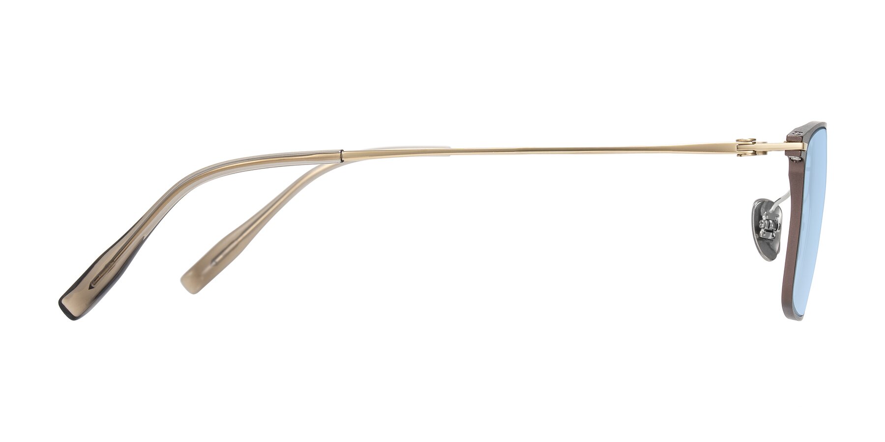 Side of Ayla in Brown/Gold with Light Blue Tinted Lenses
