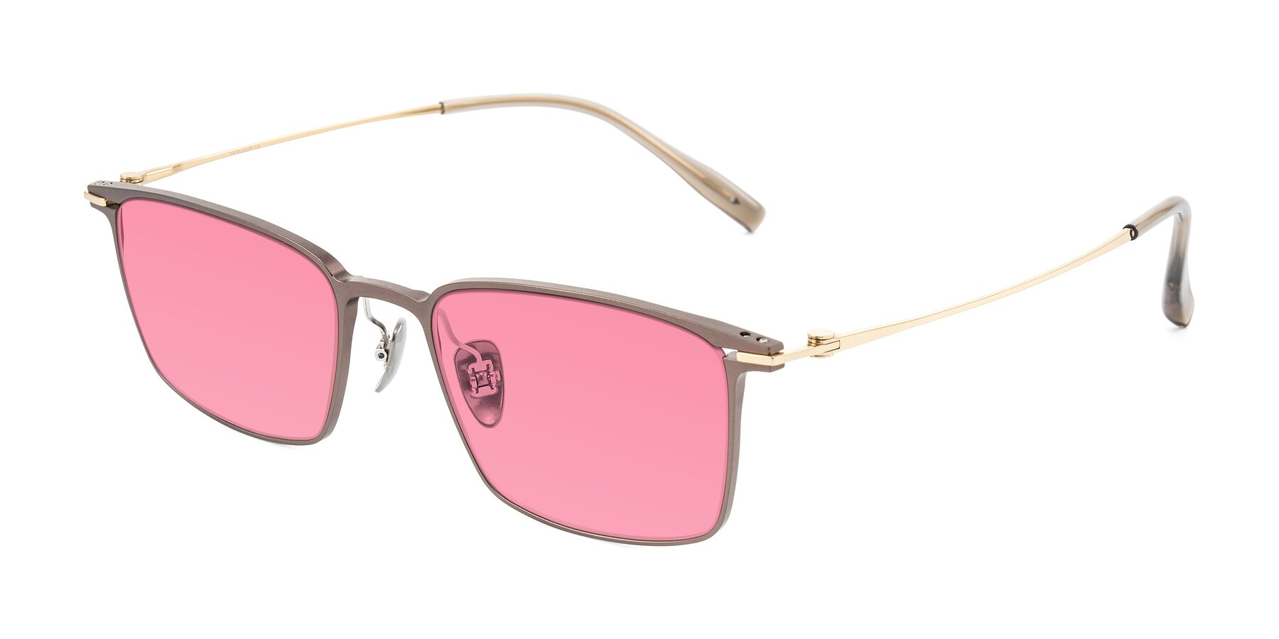 Angle of Ayla in Brown/Gold with Pink Tinted Lenses