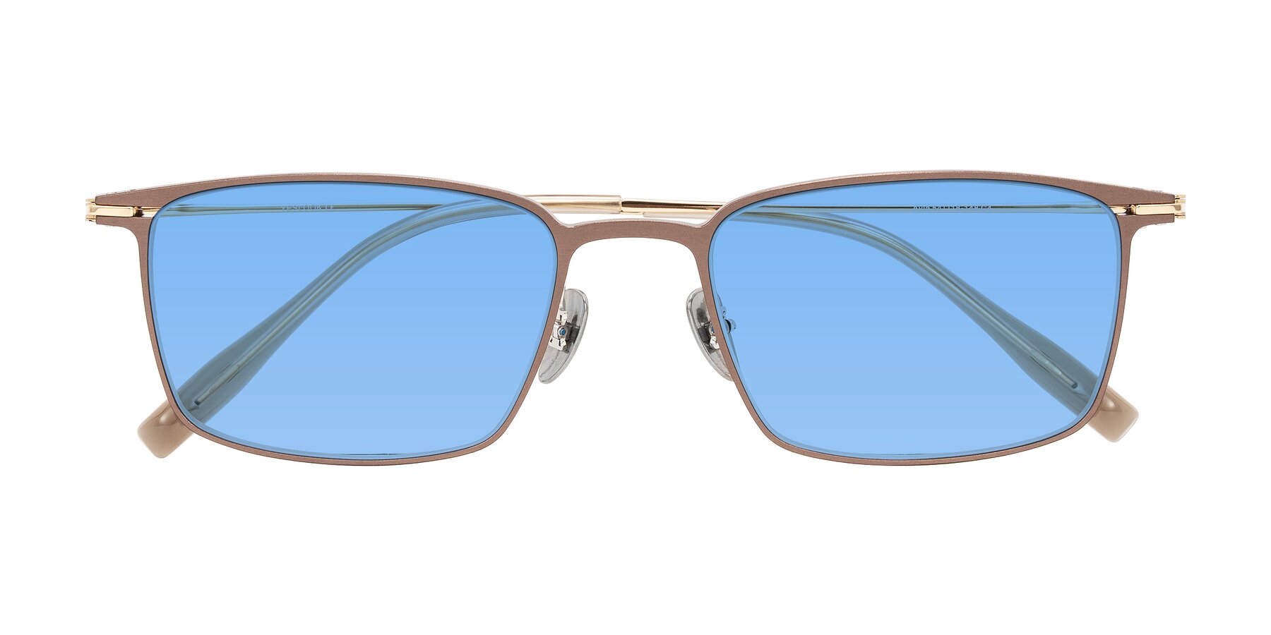Folded Front of Ayla in Brown/Gold with Medium Blue Tinted Lenses