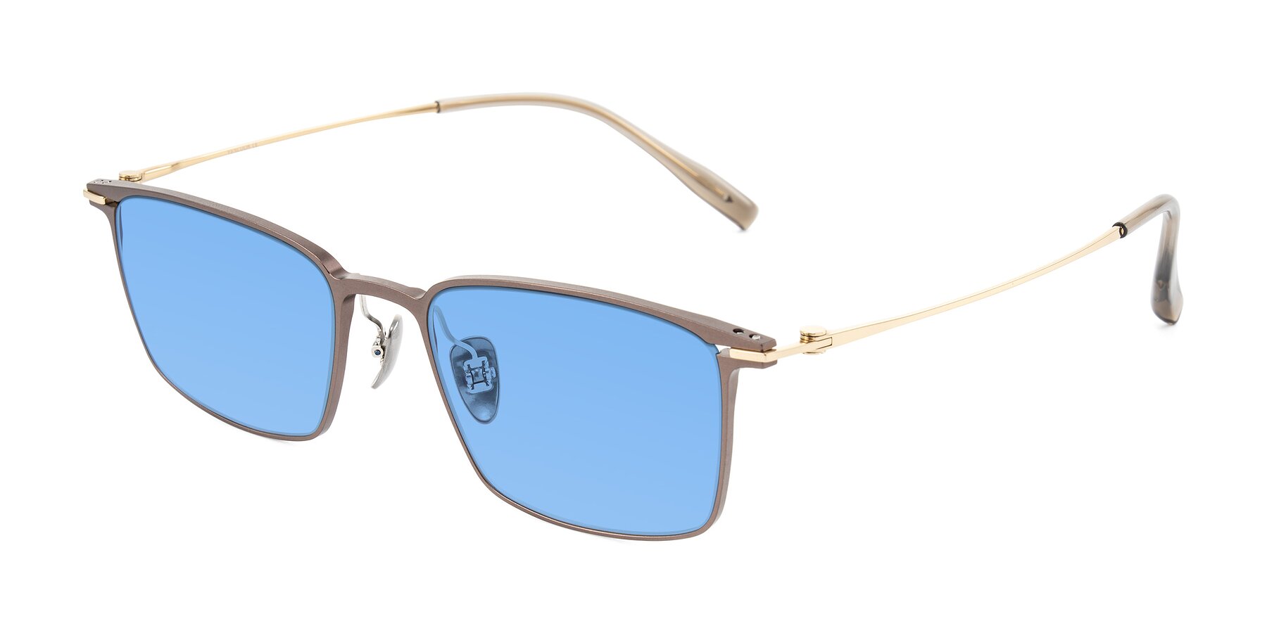 Angle of Ayla in Brown/Gold with Medium Blue Tinted Lenses