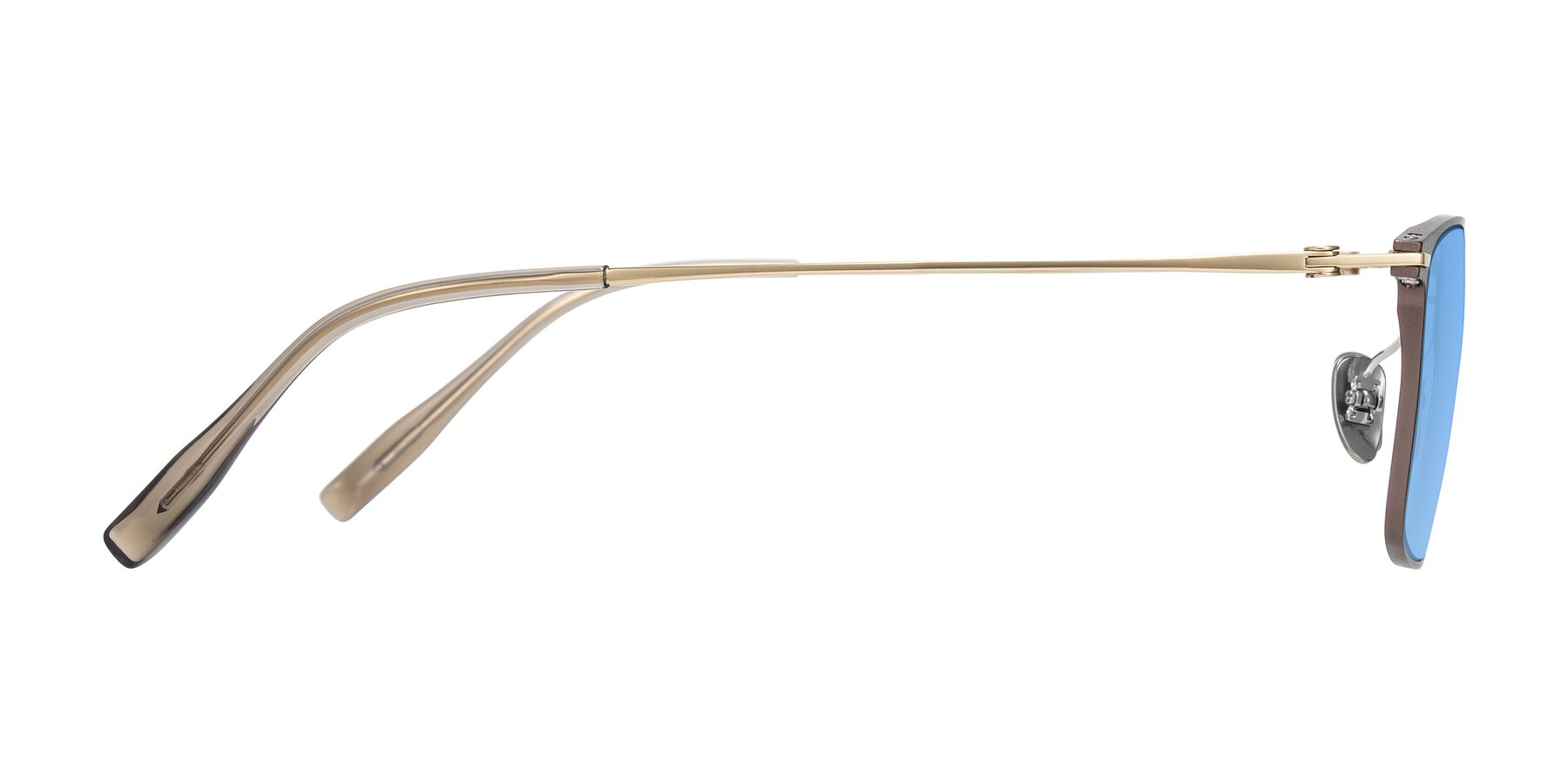 Side of Ayla in Brown/Gold with Medium Blue Tinted Lenses