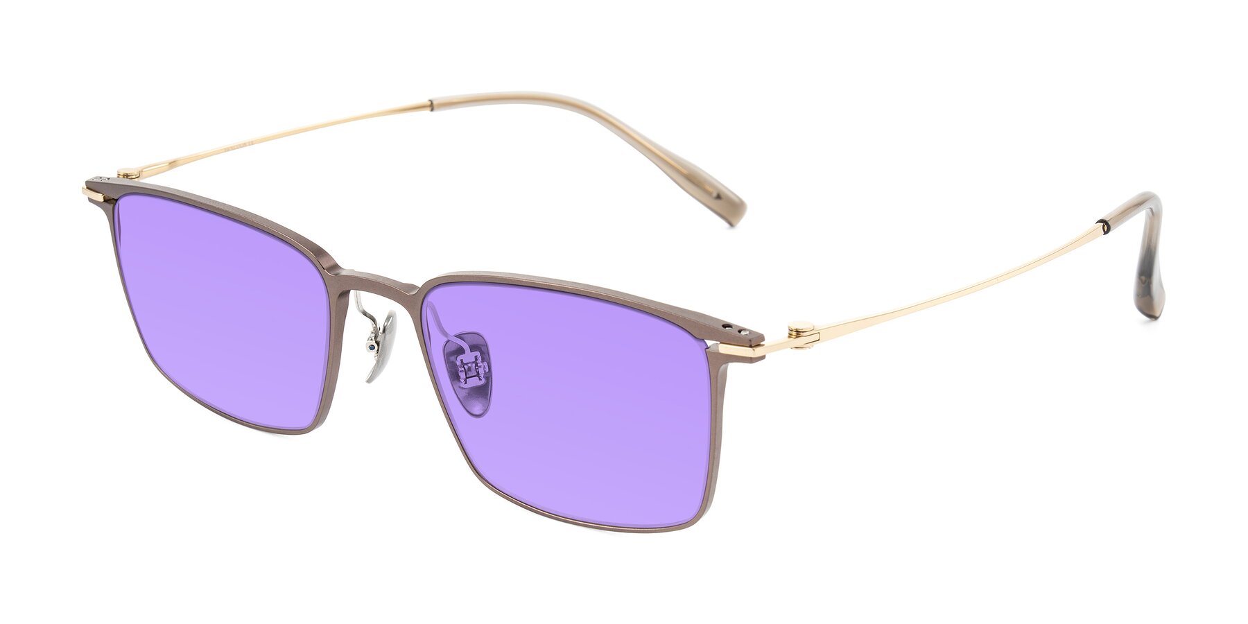 Angle of Ayla in Brown/Gold with Medium Purple Tinted Lenses