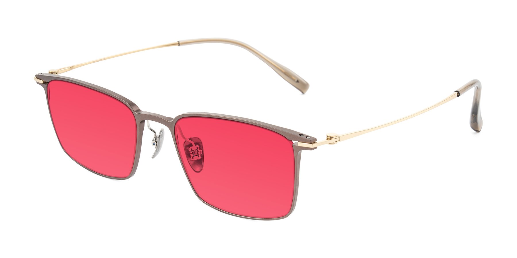 Angle of Ayla in Brown/Gold with Red Tinted Lenses