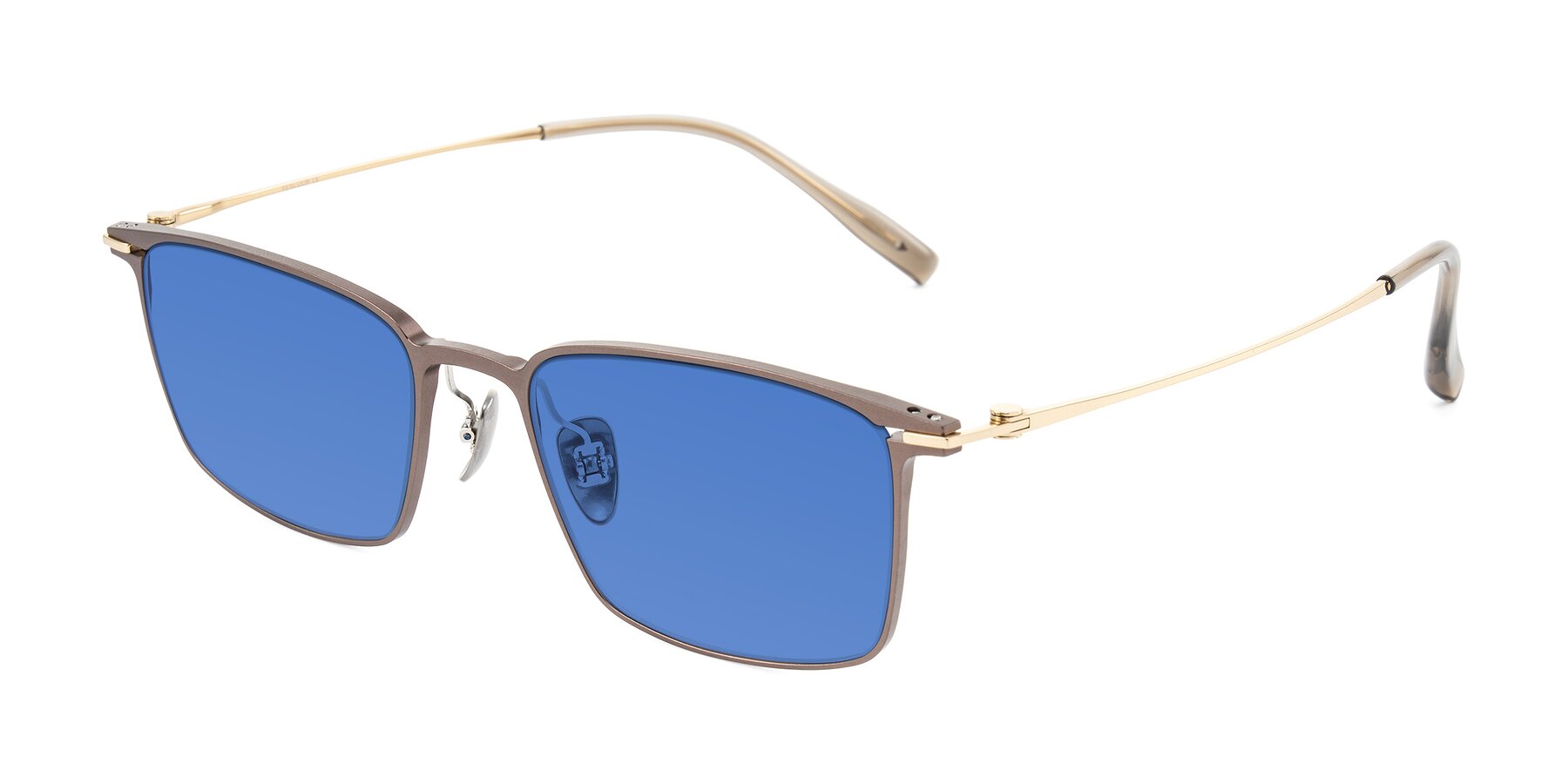 Angle of Ayla in Brown/Gold with Blue Tinted Lenses