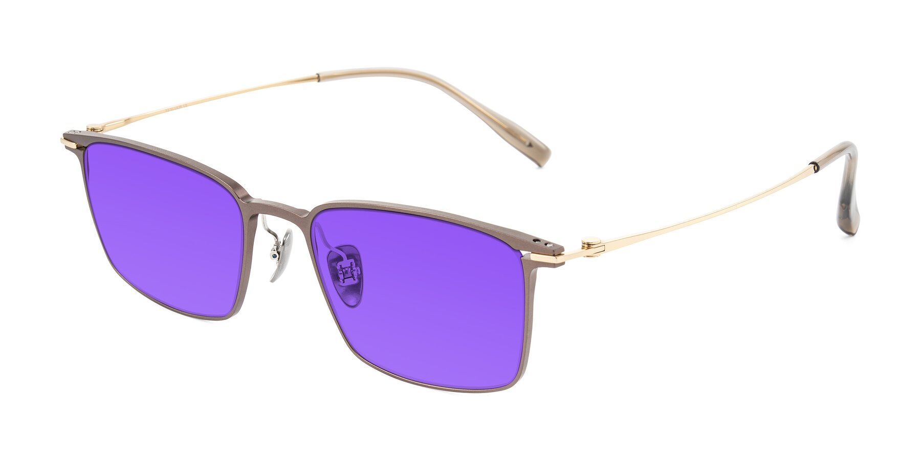 Angle of Ayla in Brown/Gold with Purple Tinted Lenses