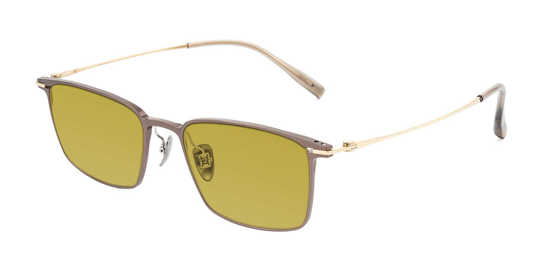 Angle of Ayla in Brown/Gold with Champagne Tinted Lenses