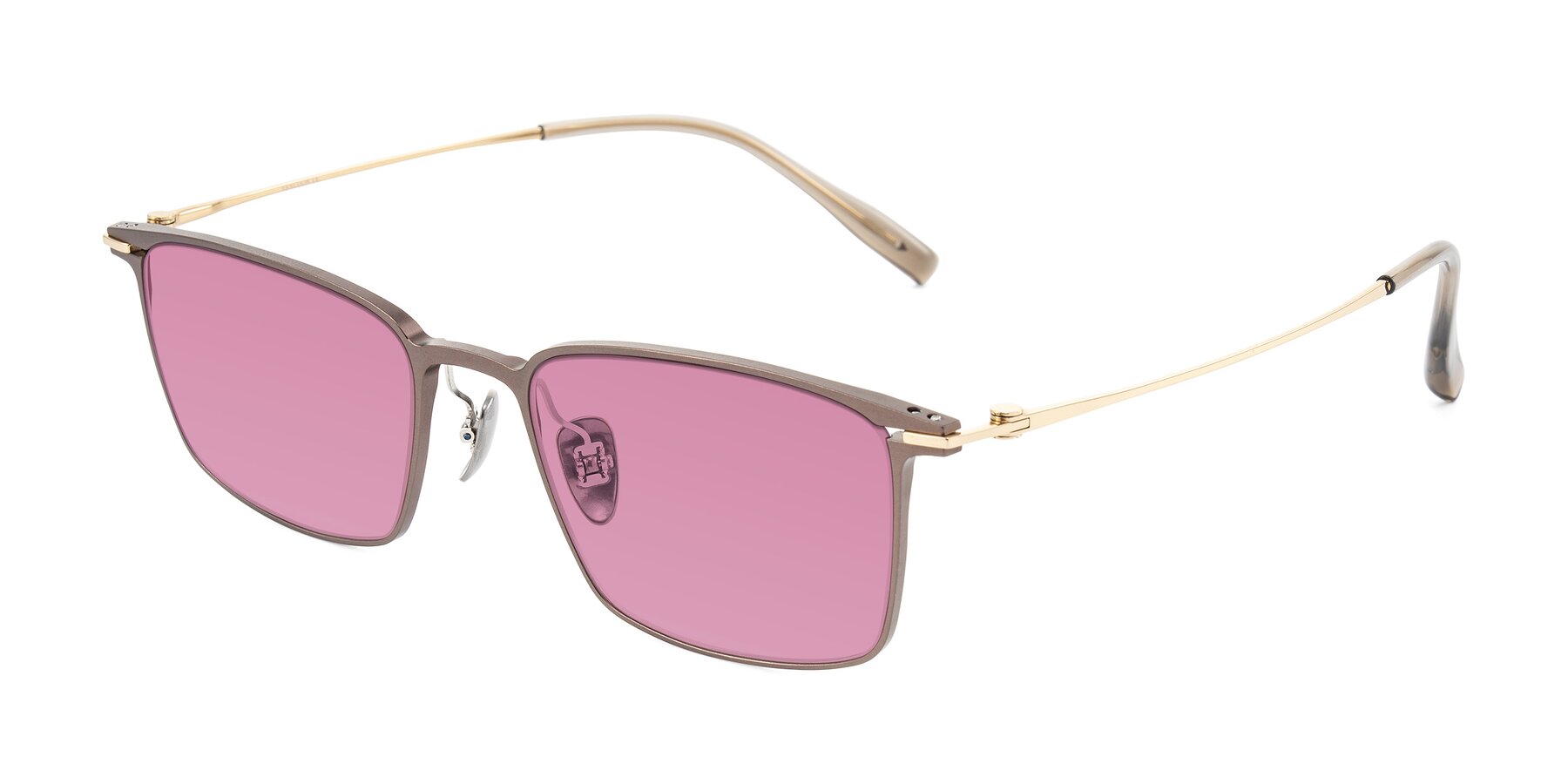 Angle of Ayla in Brown/Gold with Medium Wine Tinted Lenses