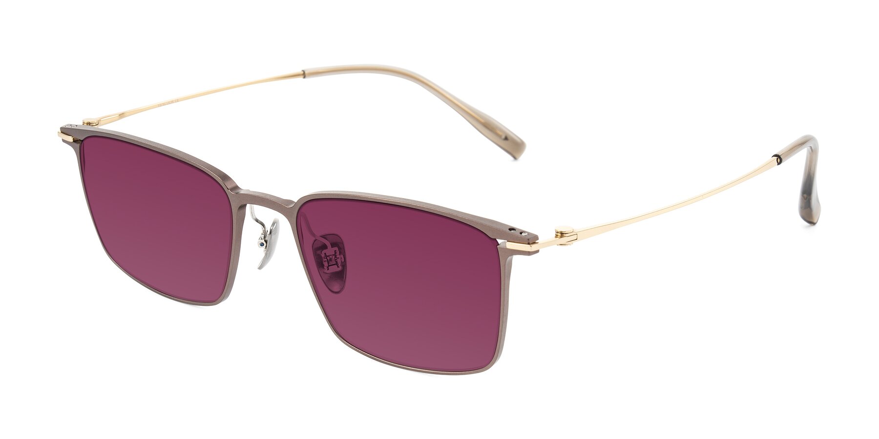 Angle of Ayla in Brown/Gold with Wine Tinted Lenses