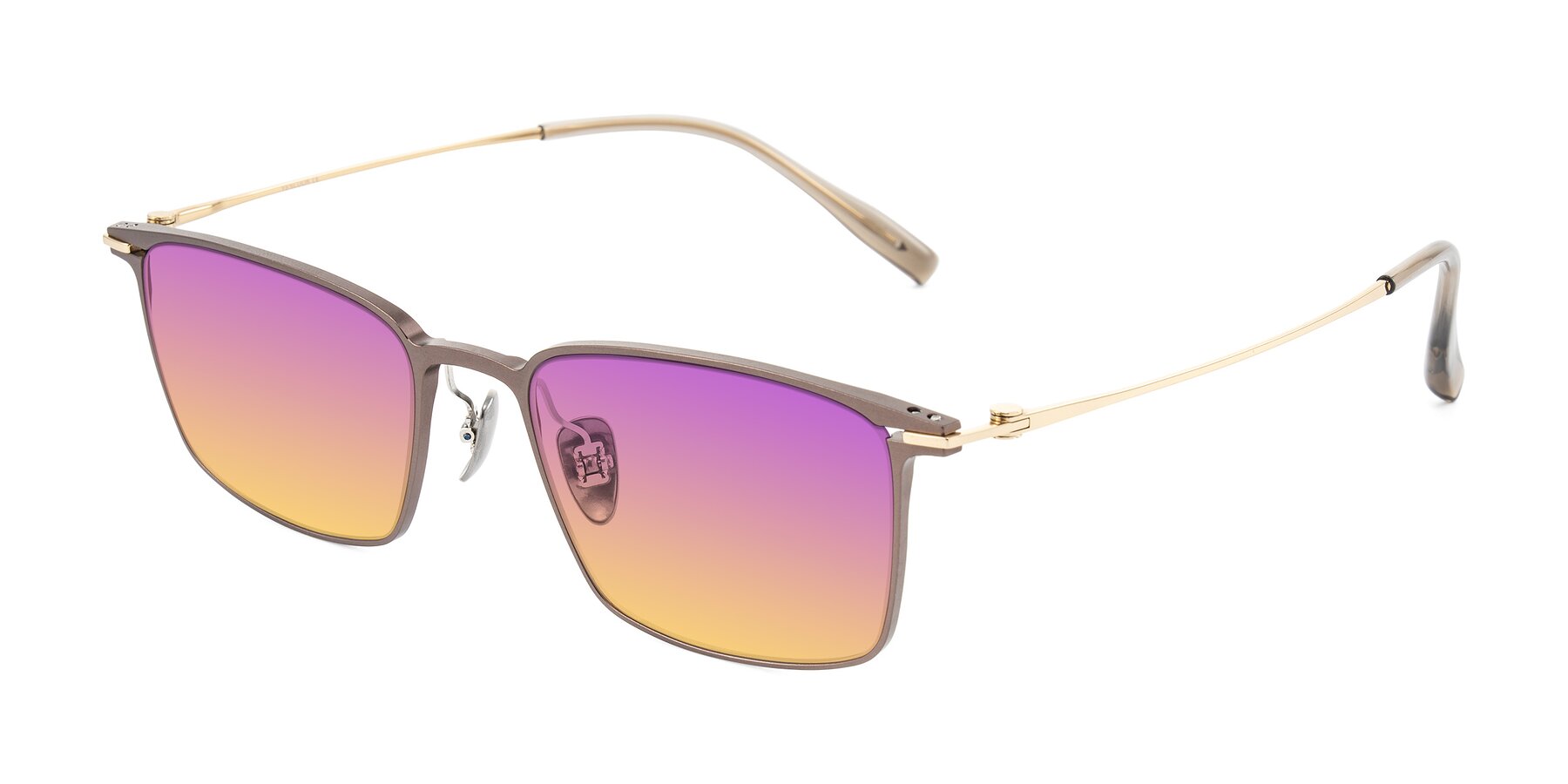 Angle of Ayla in Brown/Gold with Purple / Yellow Gradient Lenses