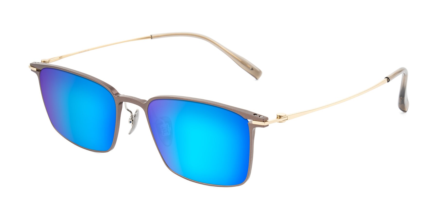 Angle of Ayla in Brown/Gold with Blue Mirrored Lenses