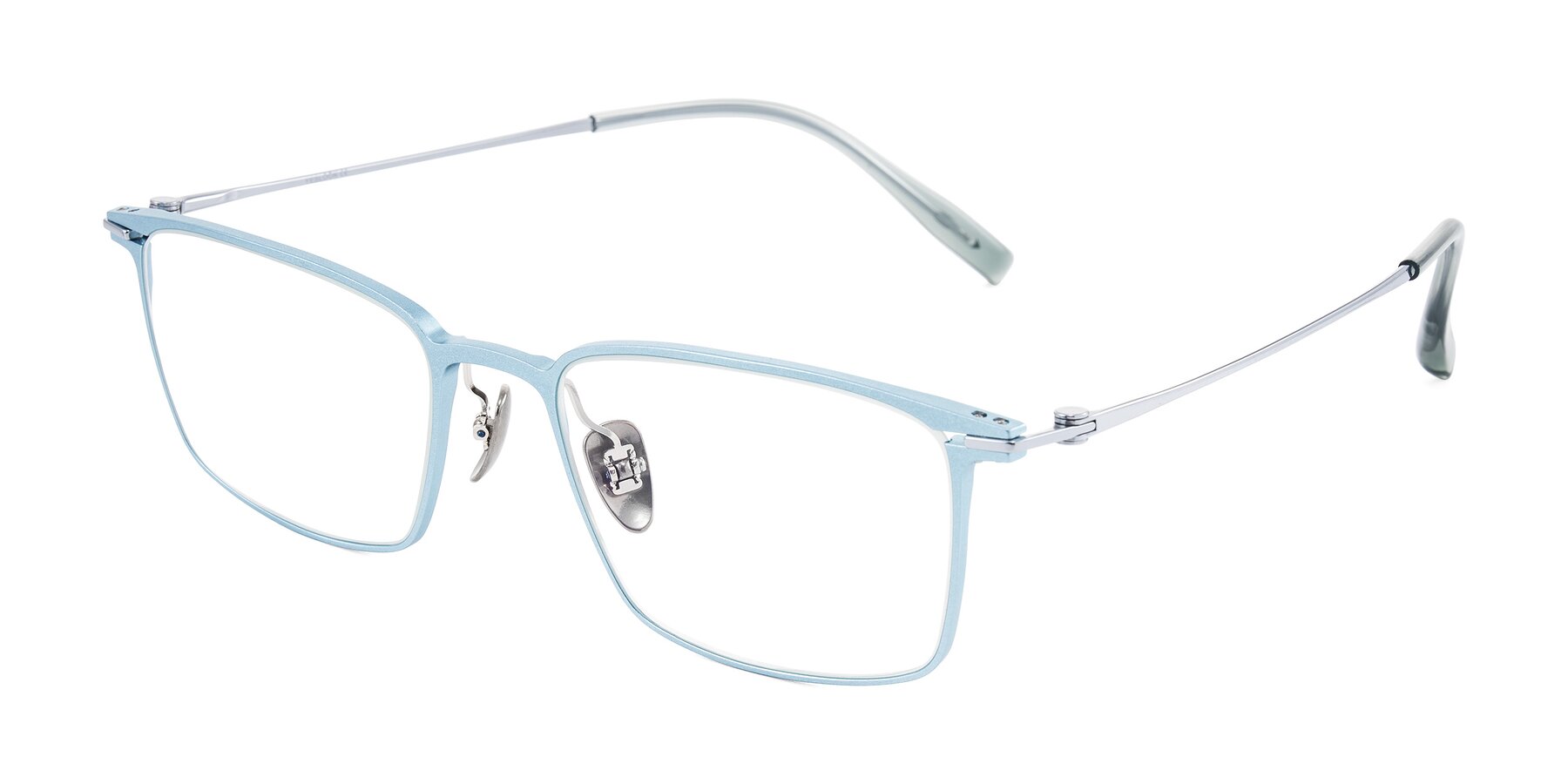 Angle of Ayla in Pastel Blue/Silver with Clear Eyeglass Lenses