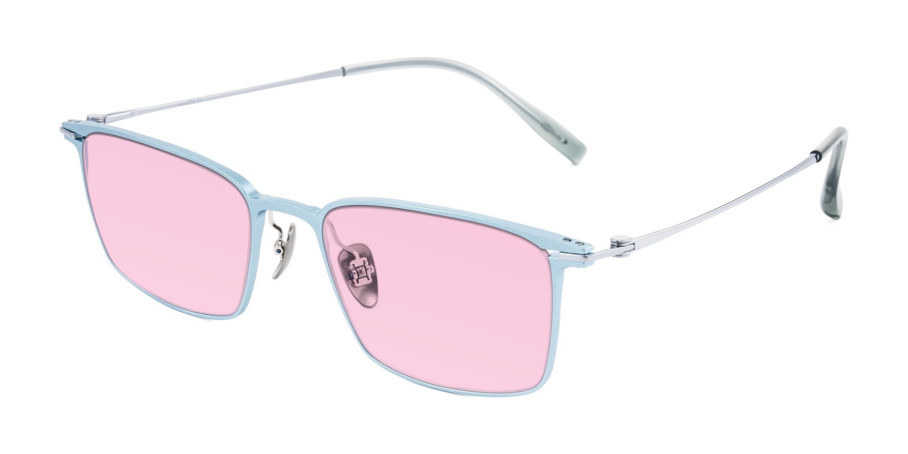 Angle of Ayla in Pastel Blue/Silver with Light Pink Tinted Lenses