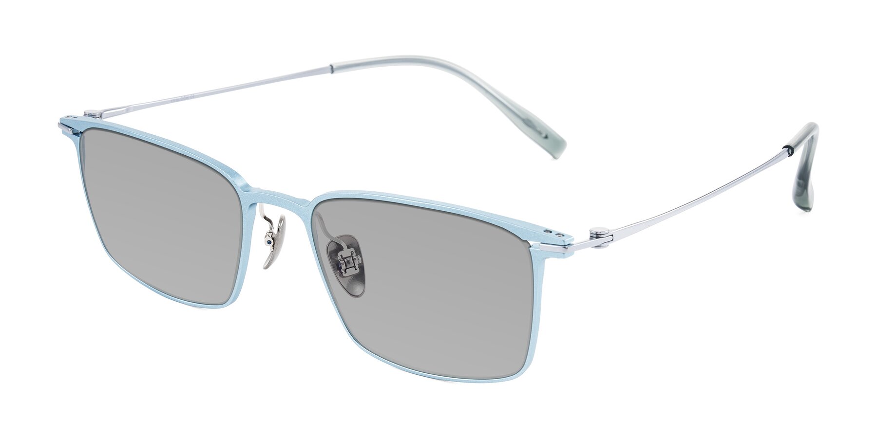Angle of Ayla in Pastel Blue/Silver with Light Gray Tinted Lenses
