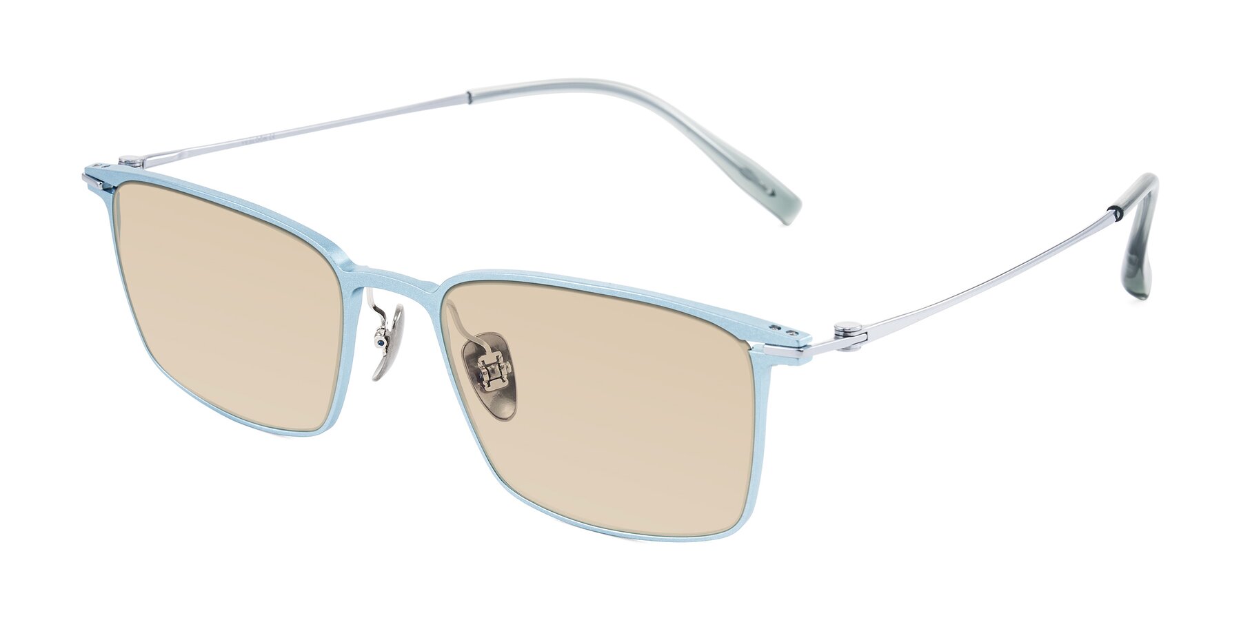 Angle of Ayla in Pastel Blue/Silver with Light Brown Tinted Lenses