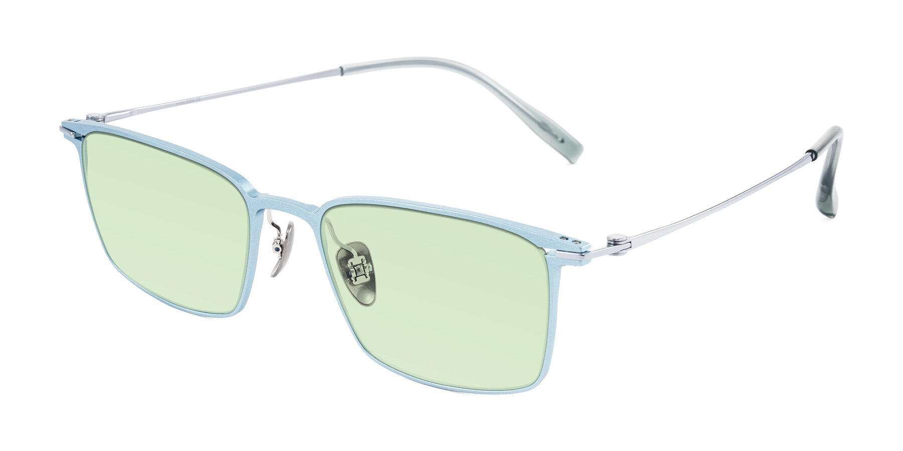 Angle of Ayla in Pastel Blue/Silver with Light Green Tinted Lenses