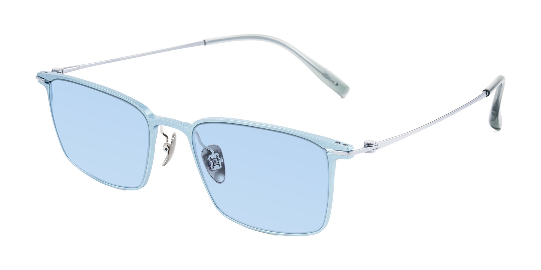 Angle of Ayla in Pastel Blue/Silver with Light Blue Tinted Lenses