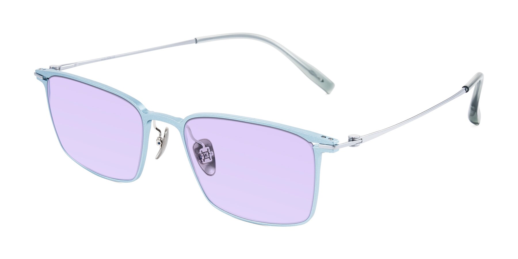 Angle of Ayla in Pastel Blue/Silver with Light Purple Tinted Lenses