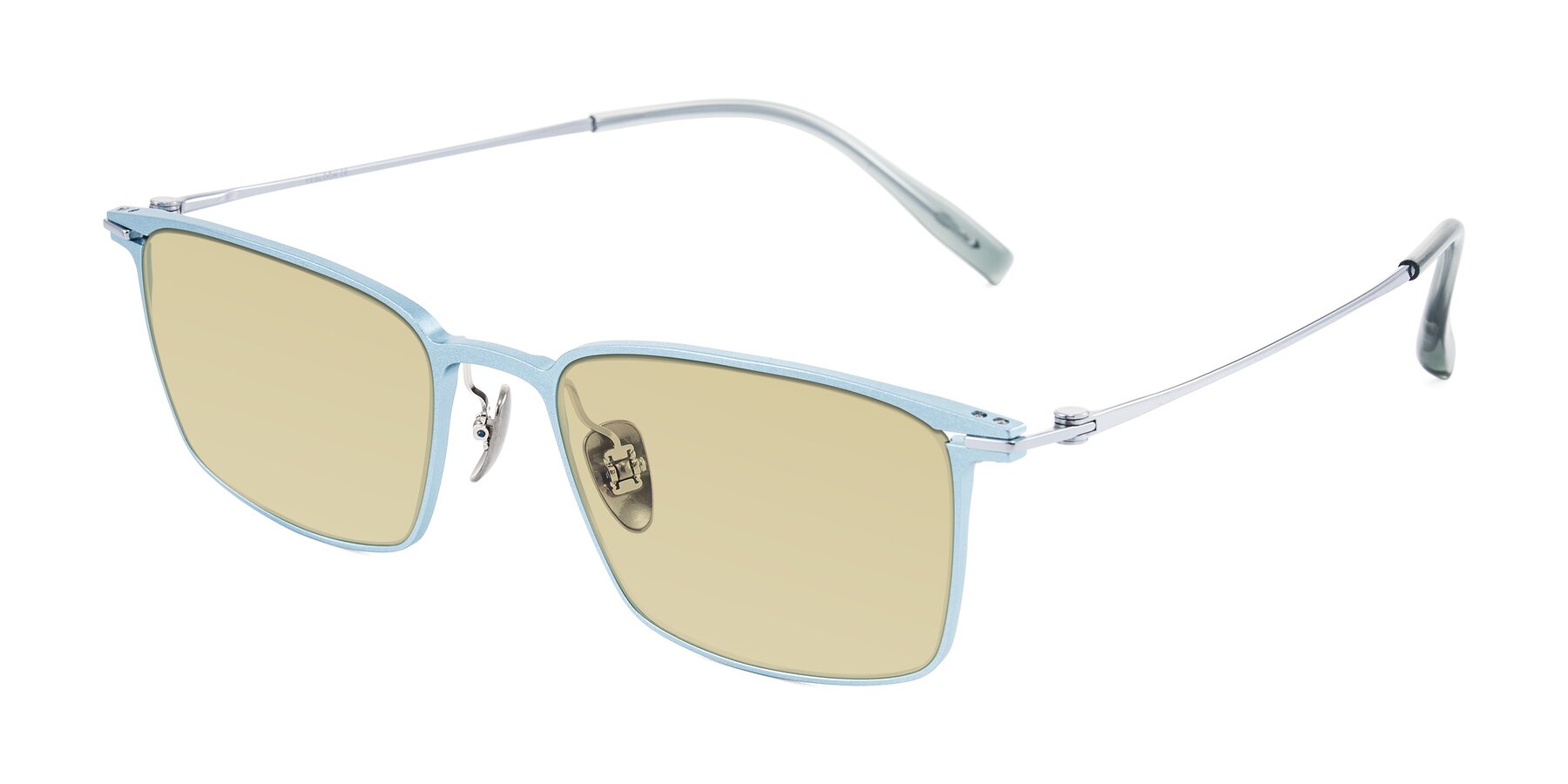 Angle of Ayla in Pastel Blue/Silver with Light Champagne Tinted Lenses