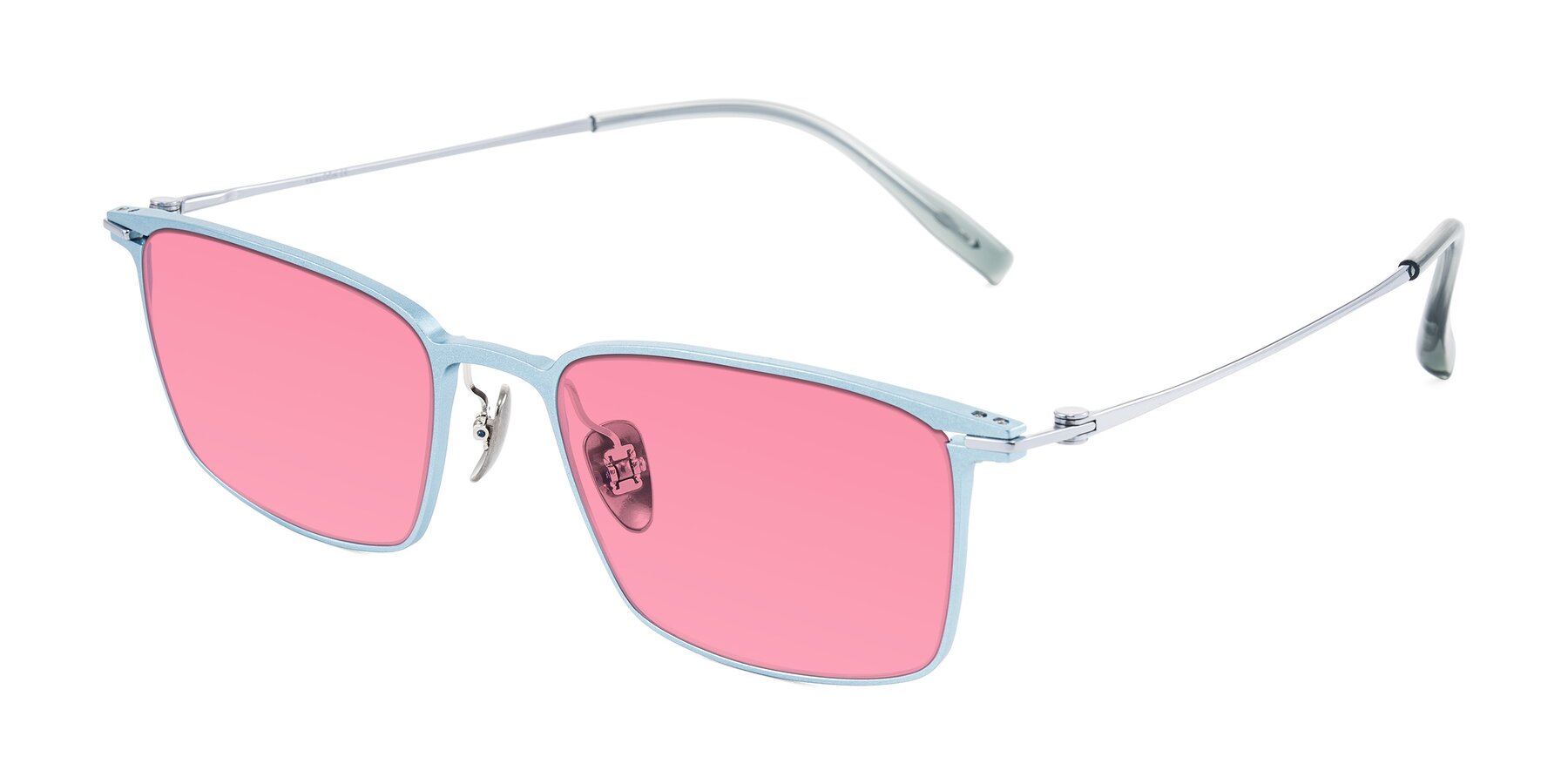 Angle of Ayla in Pastel Blue/Silver with Pink Tinted Lenses