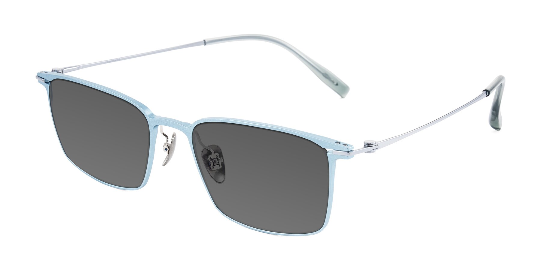 Angle of Ayla in Pastel Blue/Silver with Medium Gray Tinted Lenses