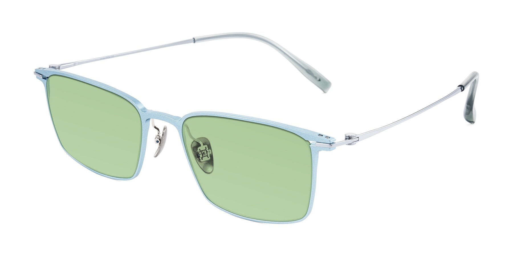 Angle of Ayla in Pastel Blue/Silver with Medium Green Tinted Lenses