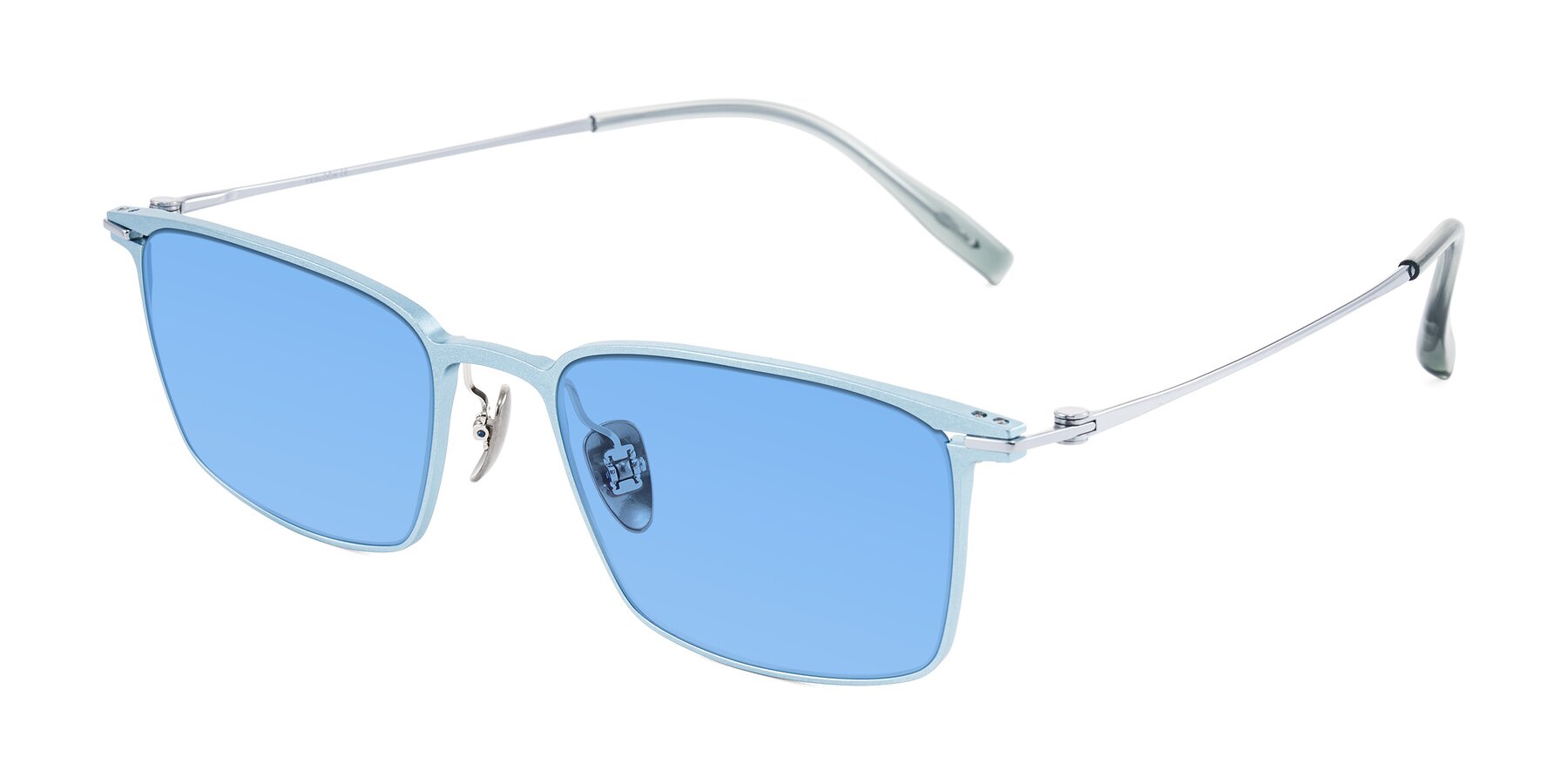 Angle of Ayla in Pastel Blue/Silver with Medium Blue Tinted Lenses