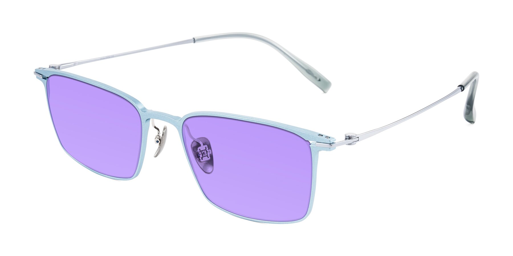 Angle of Ayla in Pastel Blue/Silver with Medium Purple Tinted Lenses