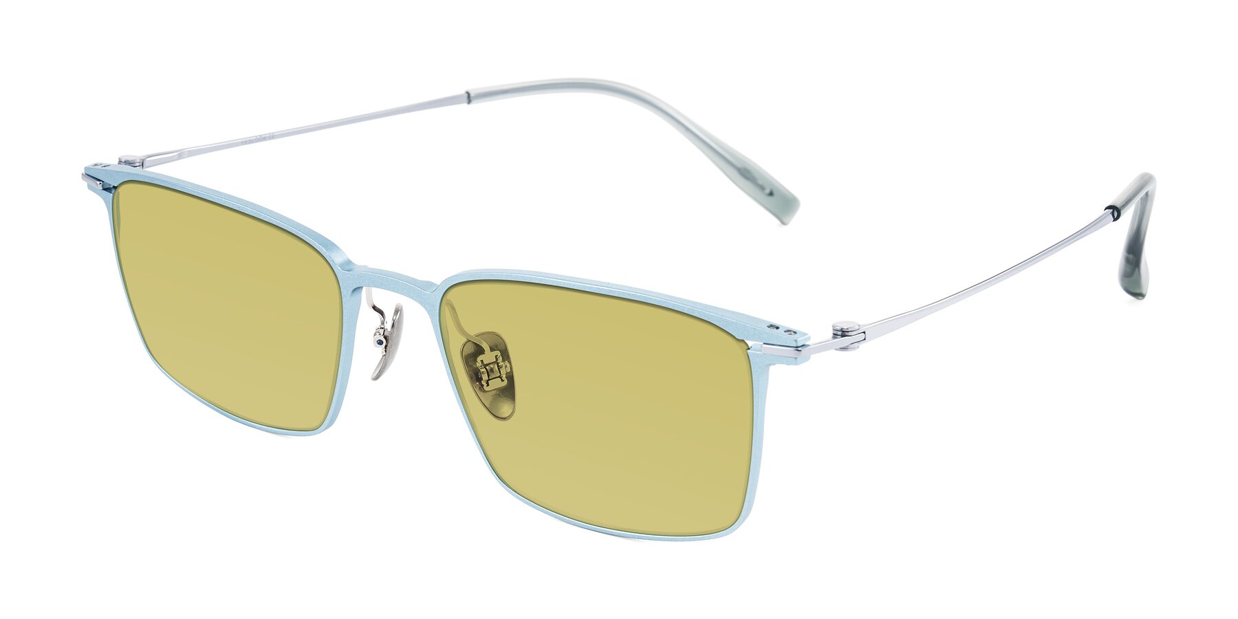 Angle of Ayla in Pastel Blue/Silver with Medium Champagne Tinted Lenses